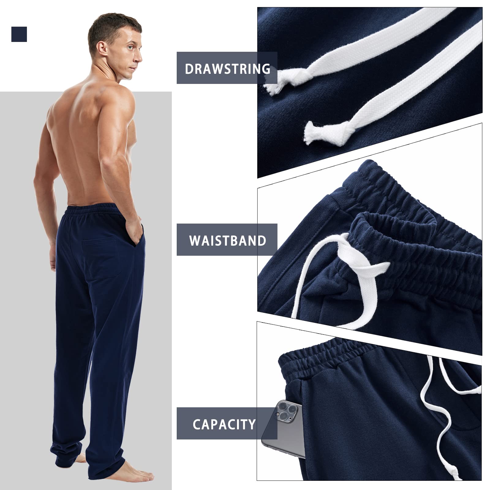 AMY COULEE Men's Cotton Athletic Sweatpants - Straight Leg Casual Joggers with Pockets for Running, Gym & Lounge Wear - Breathable Open Bottom Workout Pants for Men