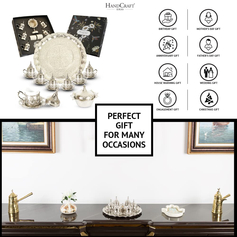 27-Piece Handmade Turkish Coffee, Espresso and Tea Serving Set for 6 - Premium Zamak Construction with Cups, Saucers, Sugar Bowl & Tray - Elegant Silver Finish (CS6-204) | Perfect for Home Entertaining, Gift Giving & Traditional Coffee Ceremonies