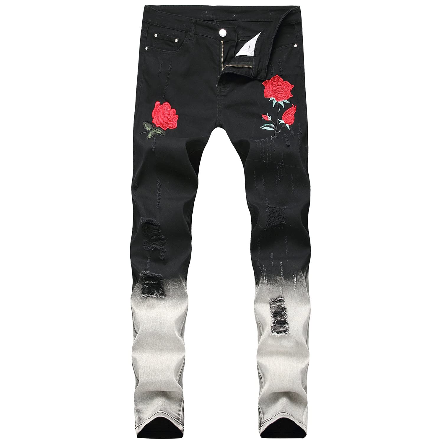 **Men's Floral Ripped Distressed Stretch Skinny Jeans - Slim Fit Destroyed Denim Pants for Casual Wear & Street Fashion**