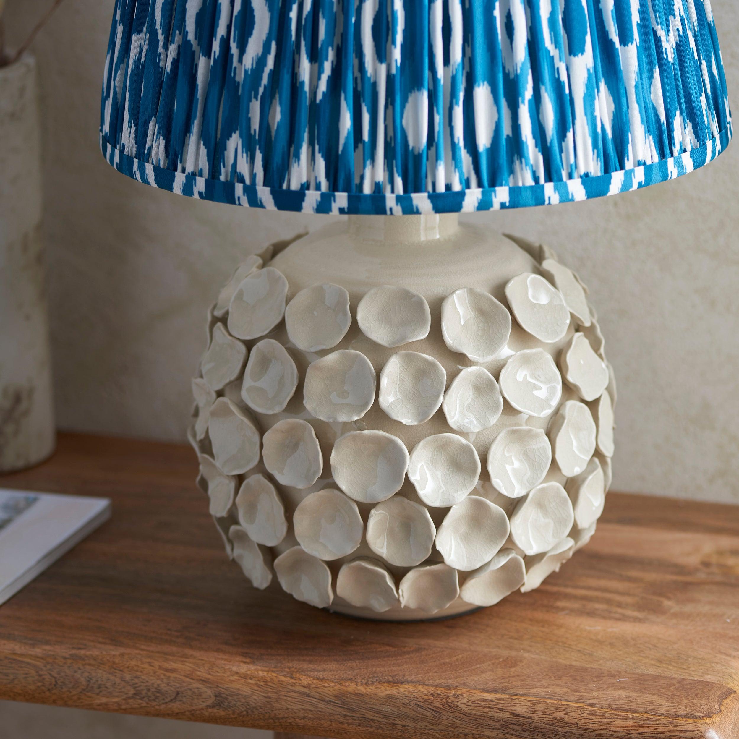 Borello Ivory Ceramic Table Lamp with Ikat 35cm Marlin Blue Shade - Elegant Home Decor for Living Room, Bedroom & Office Lighting