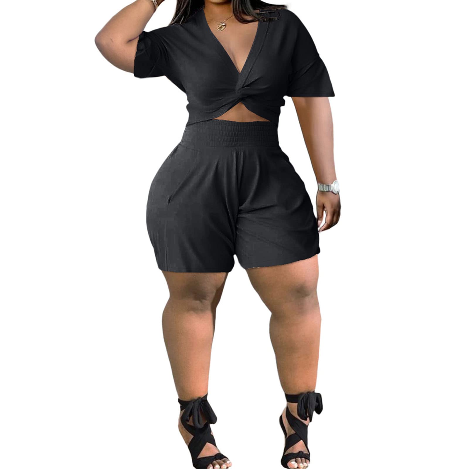 Sexy Women's 2-Piece Jumpsuit Set - Bodycon Short Sleeve Crop Top & High Waist Shorts | Summer Outfits, Streetwear, Clubwear, Casual Tracksuit for Women