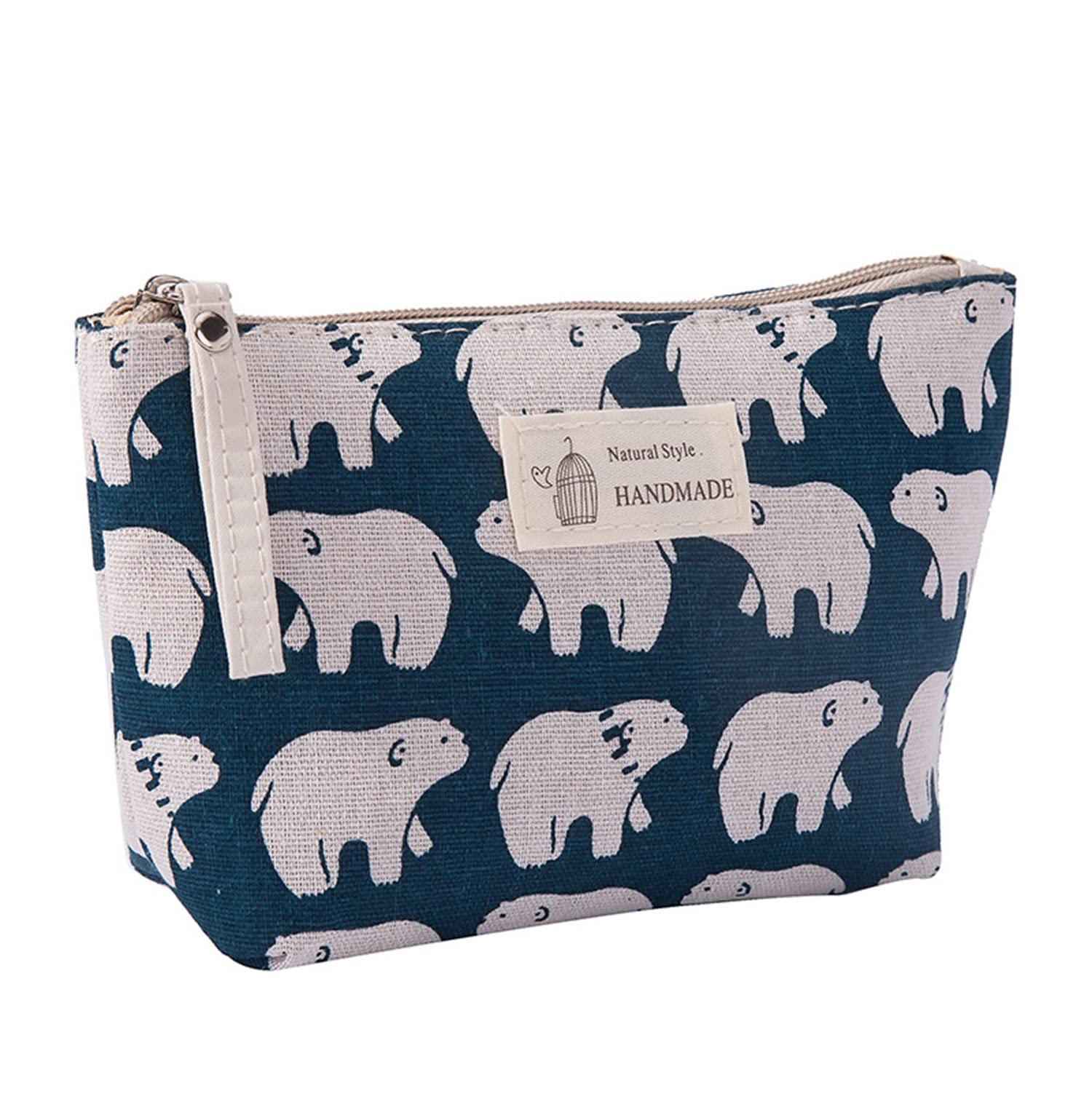 House of Quirk Printed Canvas Cosmetic Bag - Waterproof Makeup Organizer Pouch with Zipper for Women & Girls | Multi-Functional Travel Toiletry Case for Vacation, Gym, Beach (Blue/White Polar Bear Design)