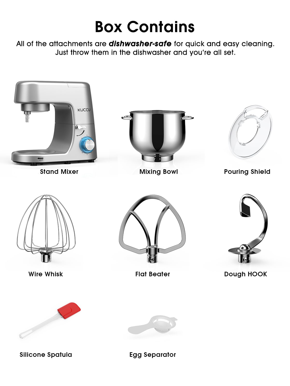 9.5 QT Double Handle KUCCU Stand Mixer - 6 Speed with Pulse, 660W Tilt-Head Electric Kitchen Mixer with Dishwasher-Safe Dough Hook, Flat Beater, Whisk & Splash Guard - Perfect for Home Baking, Cake Mixing & Cookie Dough (Silver)