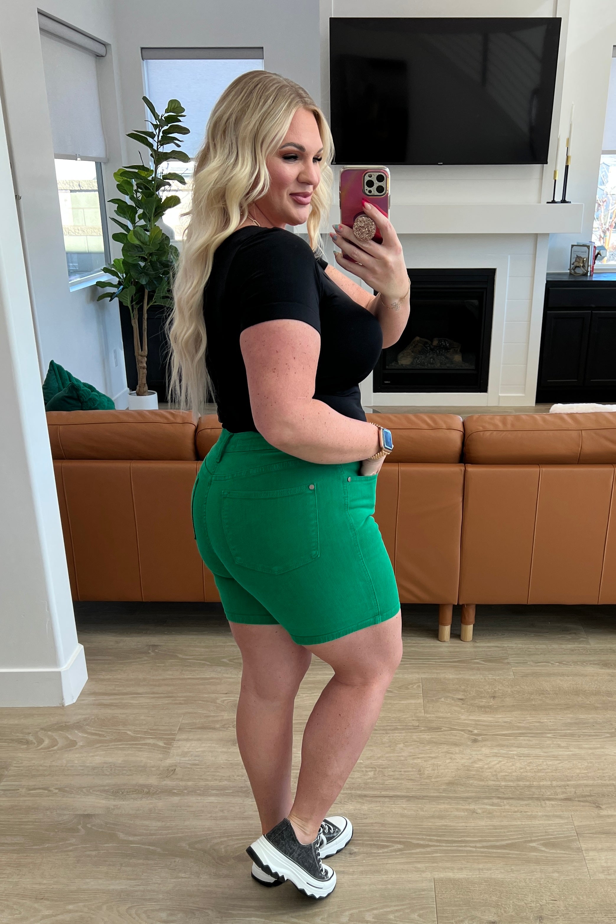 Judy Blue Green Jenna High Rise Control Top Cuffed Shorts for Women - Comfortable Stretch Denim Shorts for Summer, Casual Wear & Everyday Outfits