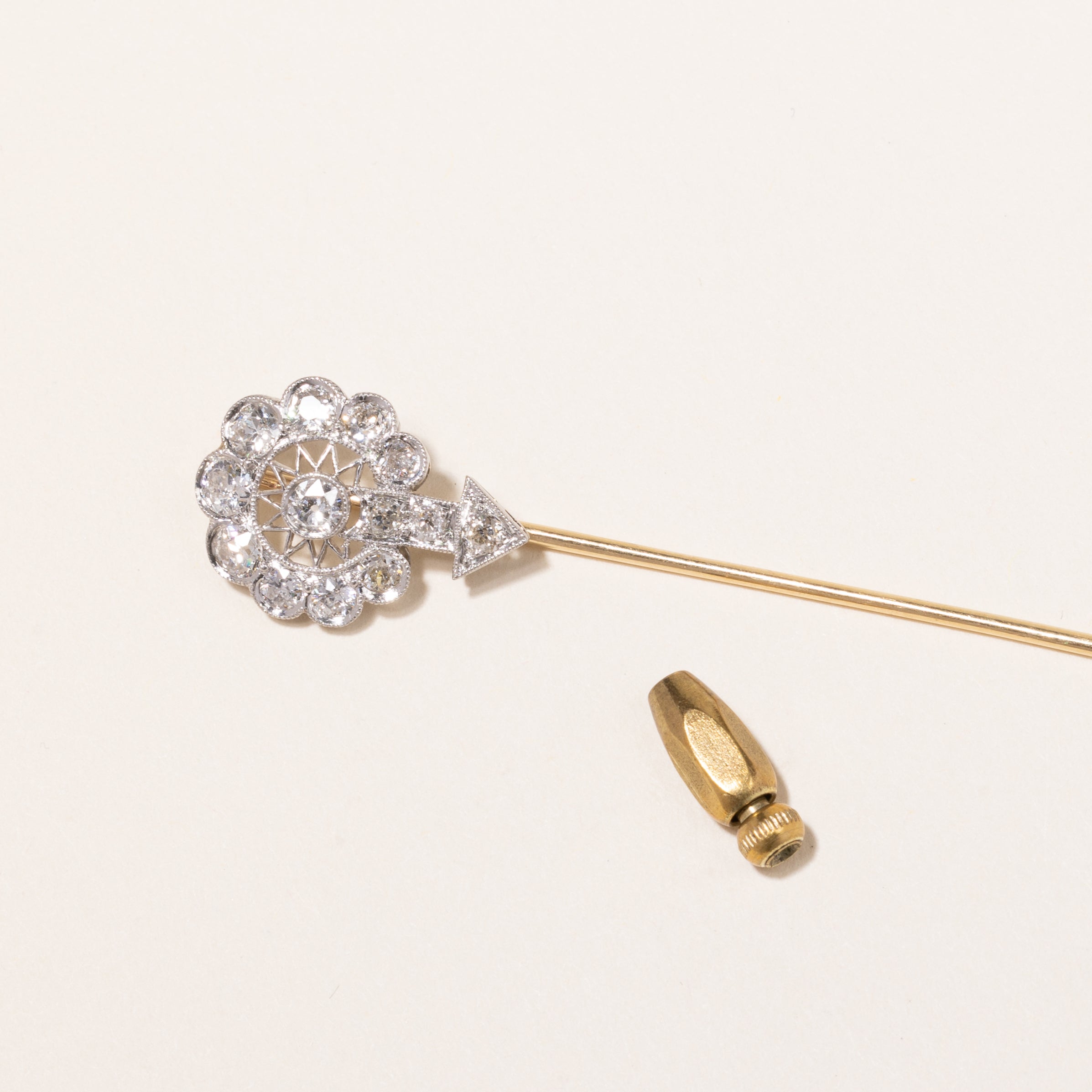 Vintage 18K Yellow & White Gold Old European Cut Diamond Brooch - 1.42ctw Antique Jewelry (1.5x7.5cm) | Perfect for Bridal, Evening Wear & Special Occasion Gifts