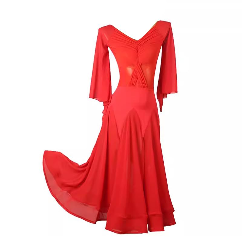 Elegant Women's Ballroom Dance Dress - V-Neck Mesh Waltz & Tango Performance Costume for Competition & Flamenco - Perfect for Latin, Standard, and Social Dancing Events