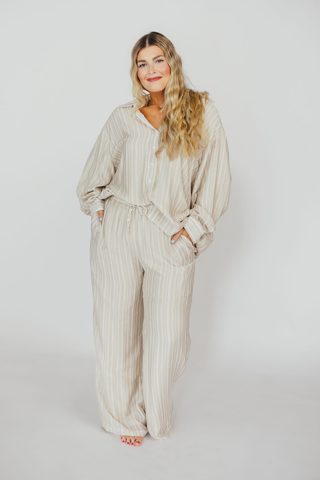 Sloane Striped Nursing-Friendly Button Down Shirt & Pants Set in Natural - Comfortable Maternity Outfit for Breastfeeding Moms