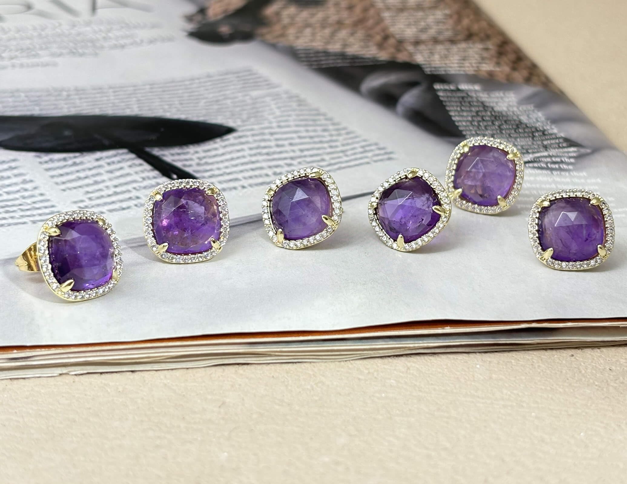 Amethyst Stud Earrings for Women - 14K Gold Plated February Birthstone Jewelry, Natural Purple Crystal Earrings | Perfect Gift for Valentine's Day, Anniversary & Everyday Wear