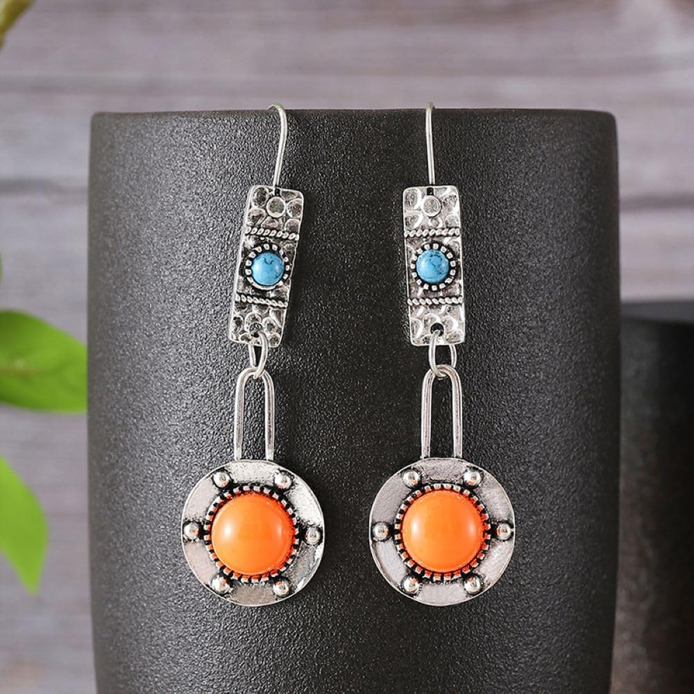 Boho Silver Ethnic Hammered Turquoise Stone Dangle Earrings for Women - Handmade Bohemian Jewelry Gift, Geometric Earrings for Casual & Festival Wear