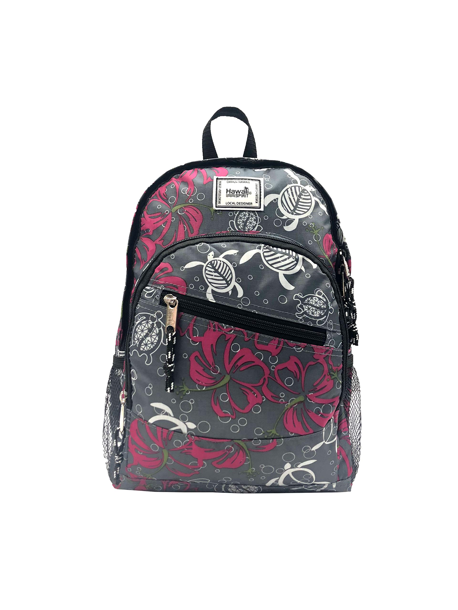 Hawaiian Print Small Backpack with Honu Turtle Family Design - Light Gray for Women & Teens | Perfect for Beach Vacation, School, Travel & Everyday Use