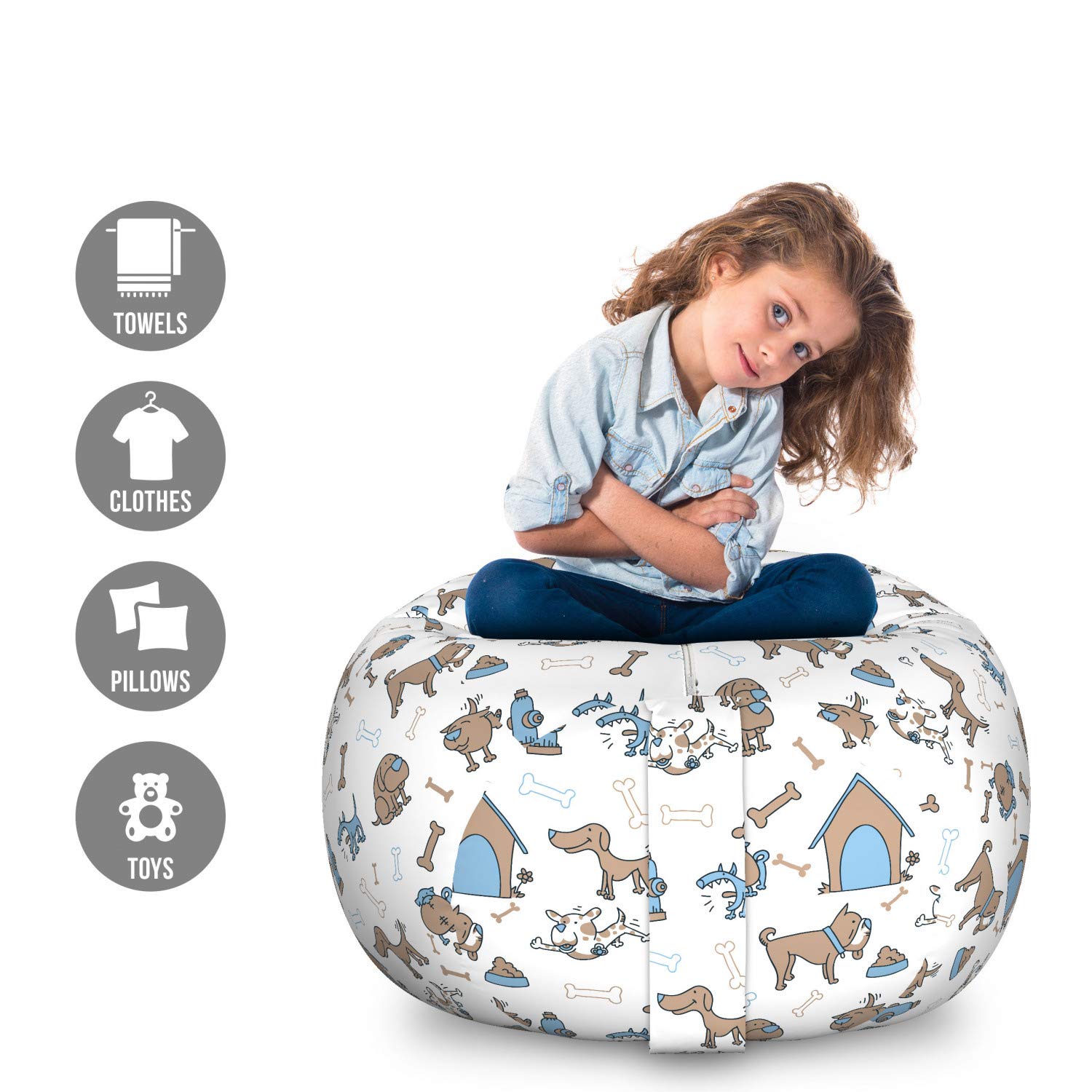 Ambesonne Washable Large Storage Toy Bag Chair - Cartoon Dog Bones Design, Stuffed Animal Organizer for Kids Room, Nursery or Playroom - Cocoa Sky Blue - Perfect for Pet Lovers & Animal Themed Decor