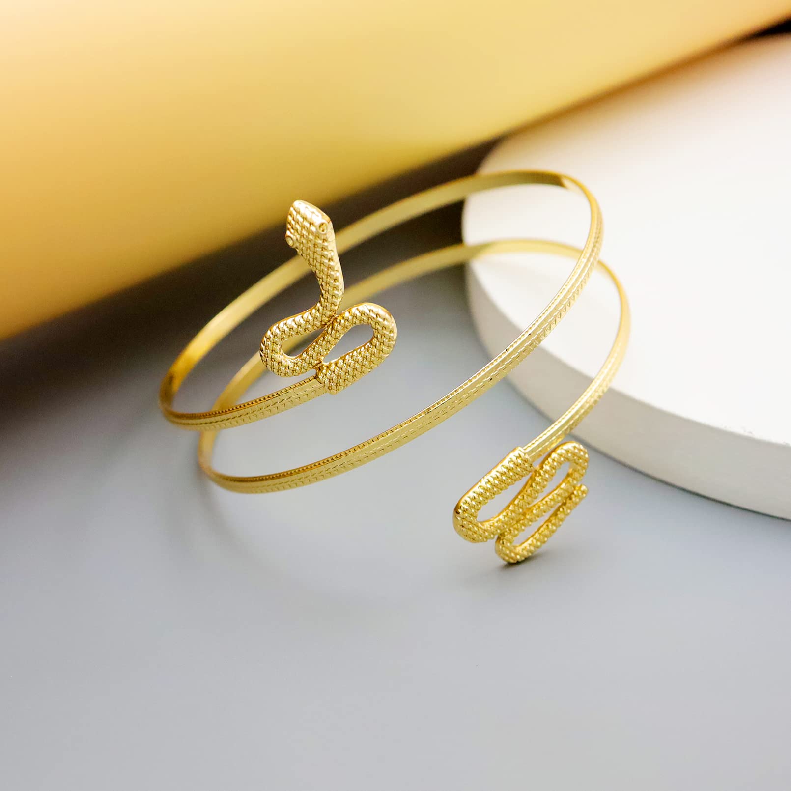 RechicGu Textured Gold Egyptian Cleopatra Style Snake Arm Cuff Bracelet - Open Bangle Armlet for Women, Perfect for Costume Parties, Halloween, Themed Events and Boho Fashion Accessories