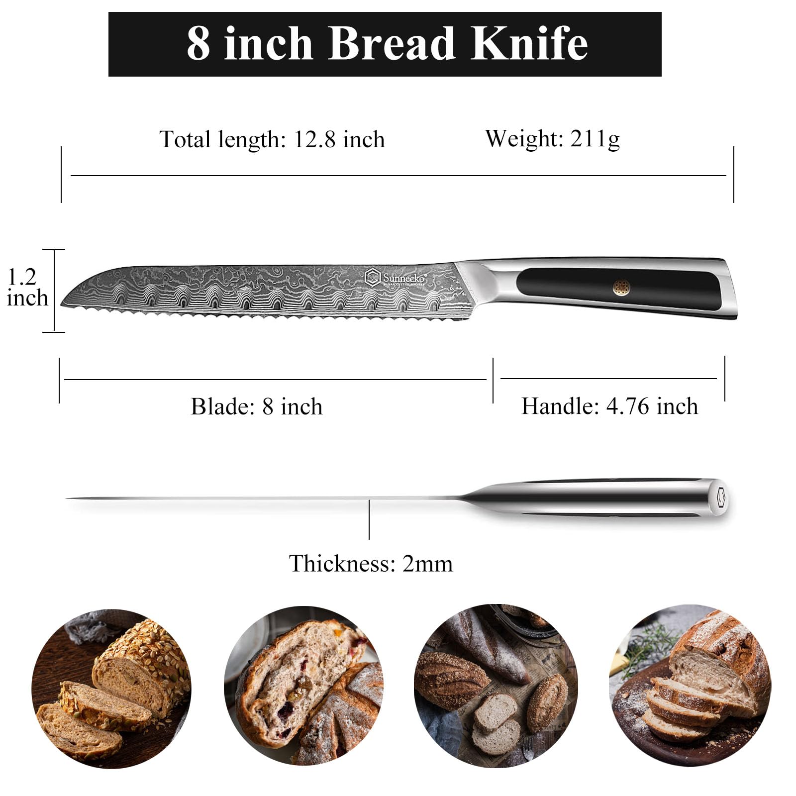 Sunnecko 8-Inch Serrated Bread Knife - 67-Layer VG10 Damascus Steel Blade, Japanese Style Bread Cutting Knife with Ergonomic Handle - Perfect for Homemade Bread, Artisan Loaves, Sourdough, Cakes & Pastries