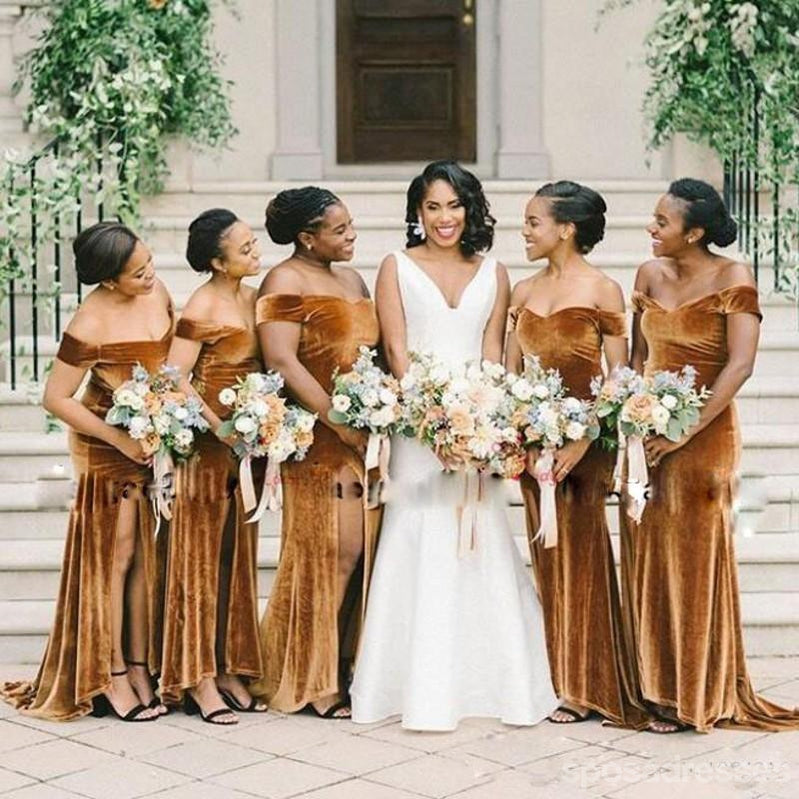 Elegant Gold Mermaid Off-Shoulder High Slit Long Bridesmaid Dress - WG1153 | Perfect for Beach Weddings, Evening Parties & Formal Events