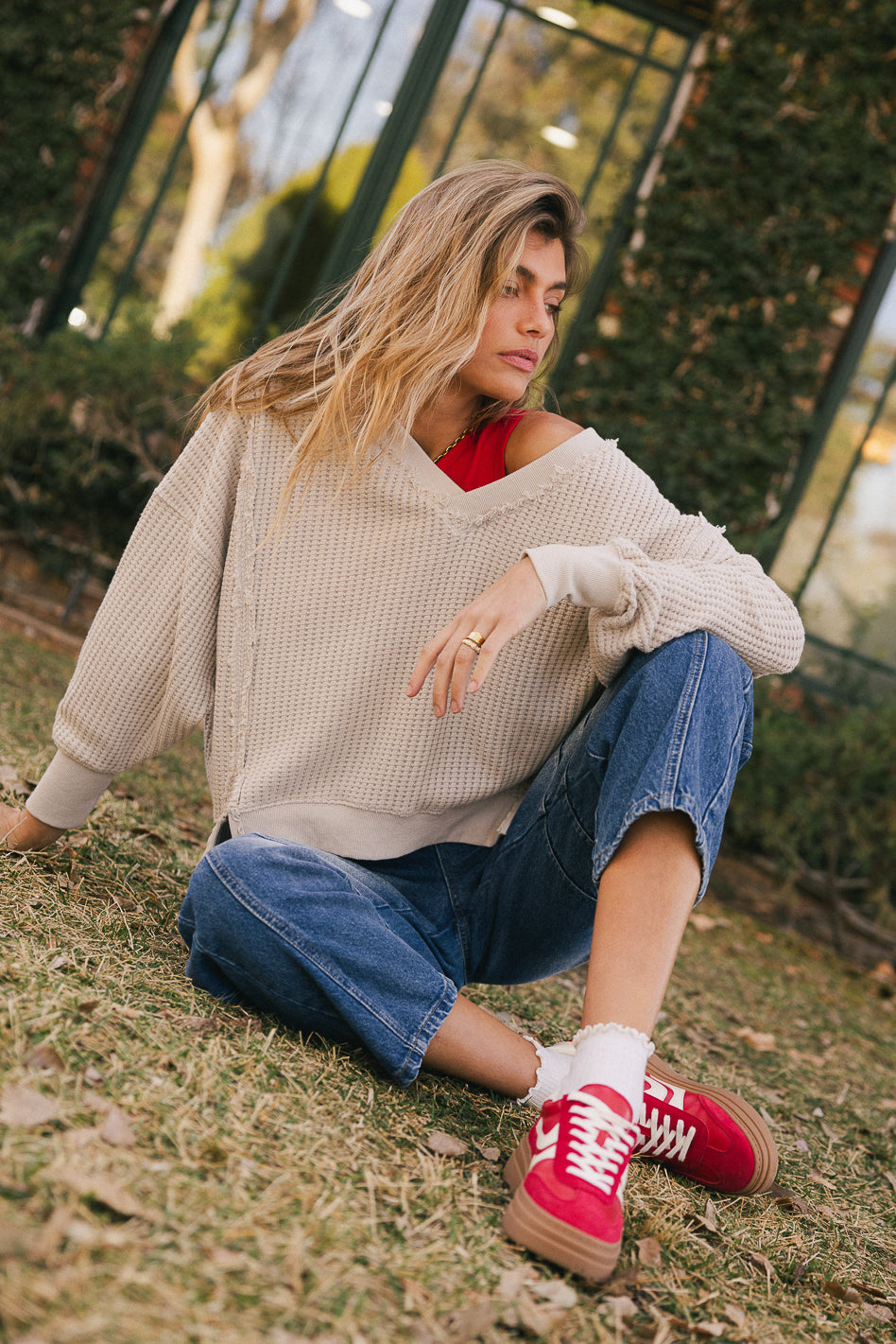 Ellis Waffle Knit Top Women's Light Grey Long Sleeve Casual Shirt - Perfect for Fall Layering, Coffee Dates & Weekend Outfits
