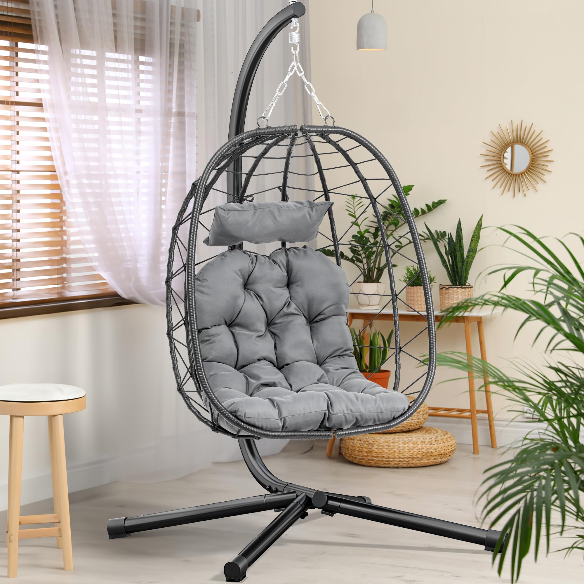 YITAHOME Dark Gray Hanging Egg Chair with Stand - 330lbs Capacity Wicker Swing Chair for Indoor & Outdoor Use - Includes Cushions - Perfect for Patio, Bedroom, Garden, Balcony - Relaxing Hammock Chair for Reading & Lounging