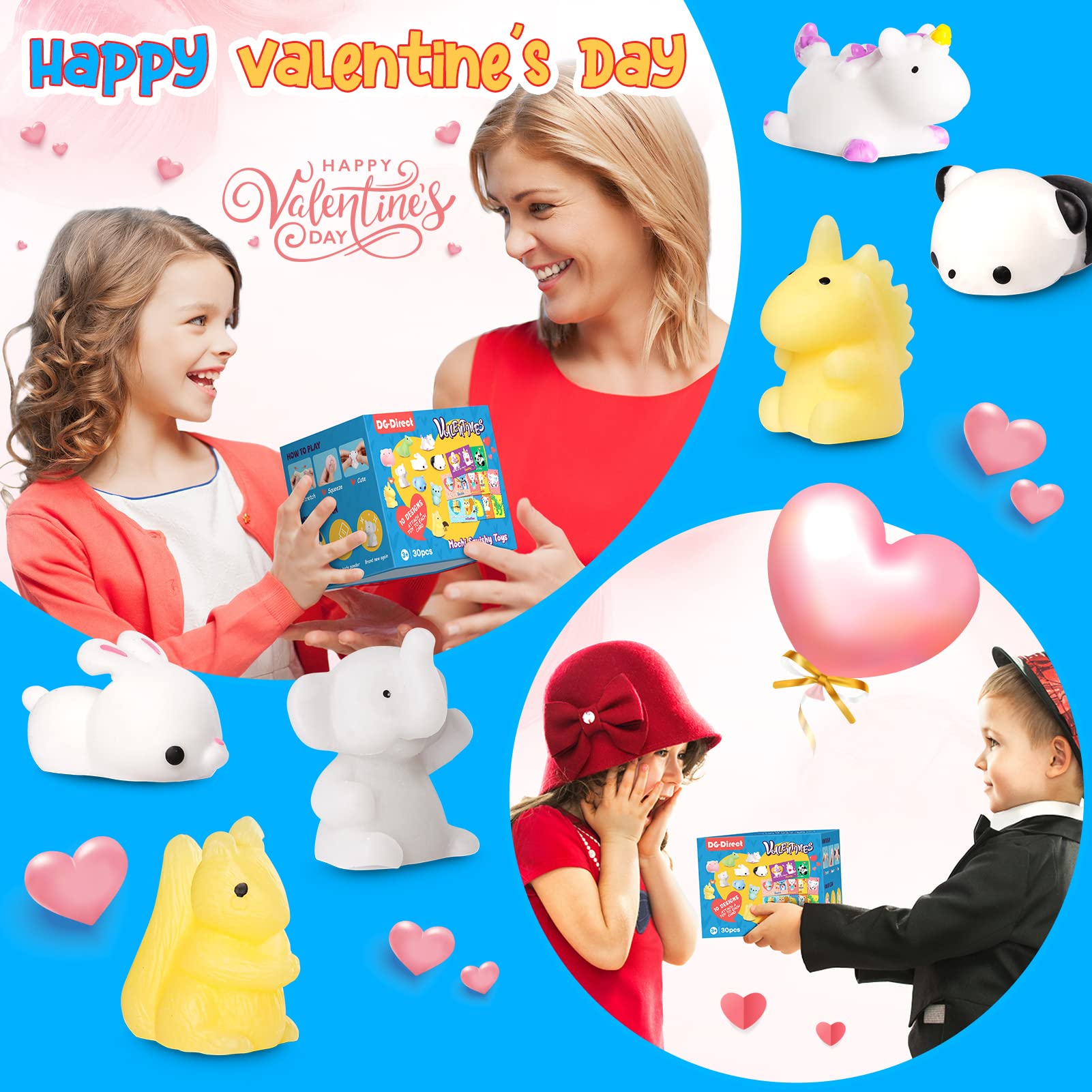 30 Pack Valentine's Day Cards with Mochi Squishy Toys - Cute Mini Stress Relief Toys for Kids, Classroom Prizes & Gift Exchange - Perfect for School Parties, Valentine's Day Gifts & Stress Relief Activities
