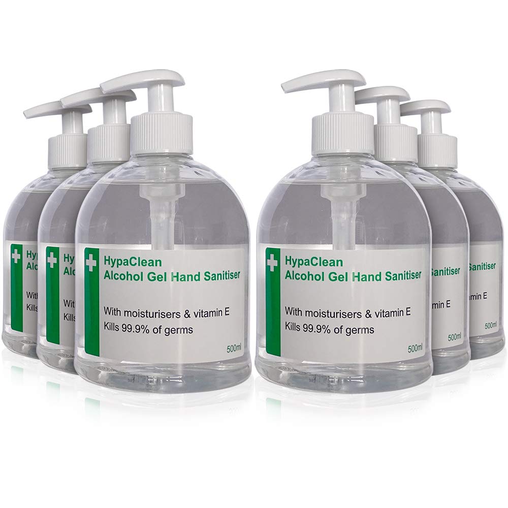HypaClean Alcohol Hand Sanitizer Gel (500ml, Pack of 6) - 70% Ethanol, Kills 99.9% Germs - Ideal for Home, Office, Travel & First Aid Kits