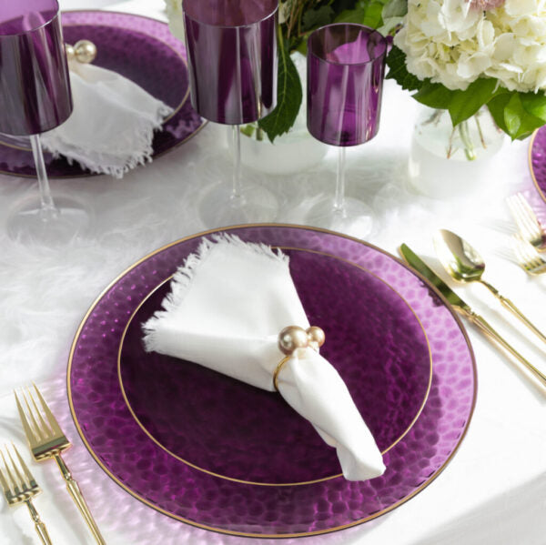 Purple and Gold Plastic Party Bundle - Organic Hammered Disposable Tableware Set for Birthday, Wedding & Holiday Celebrations