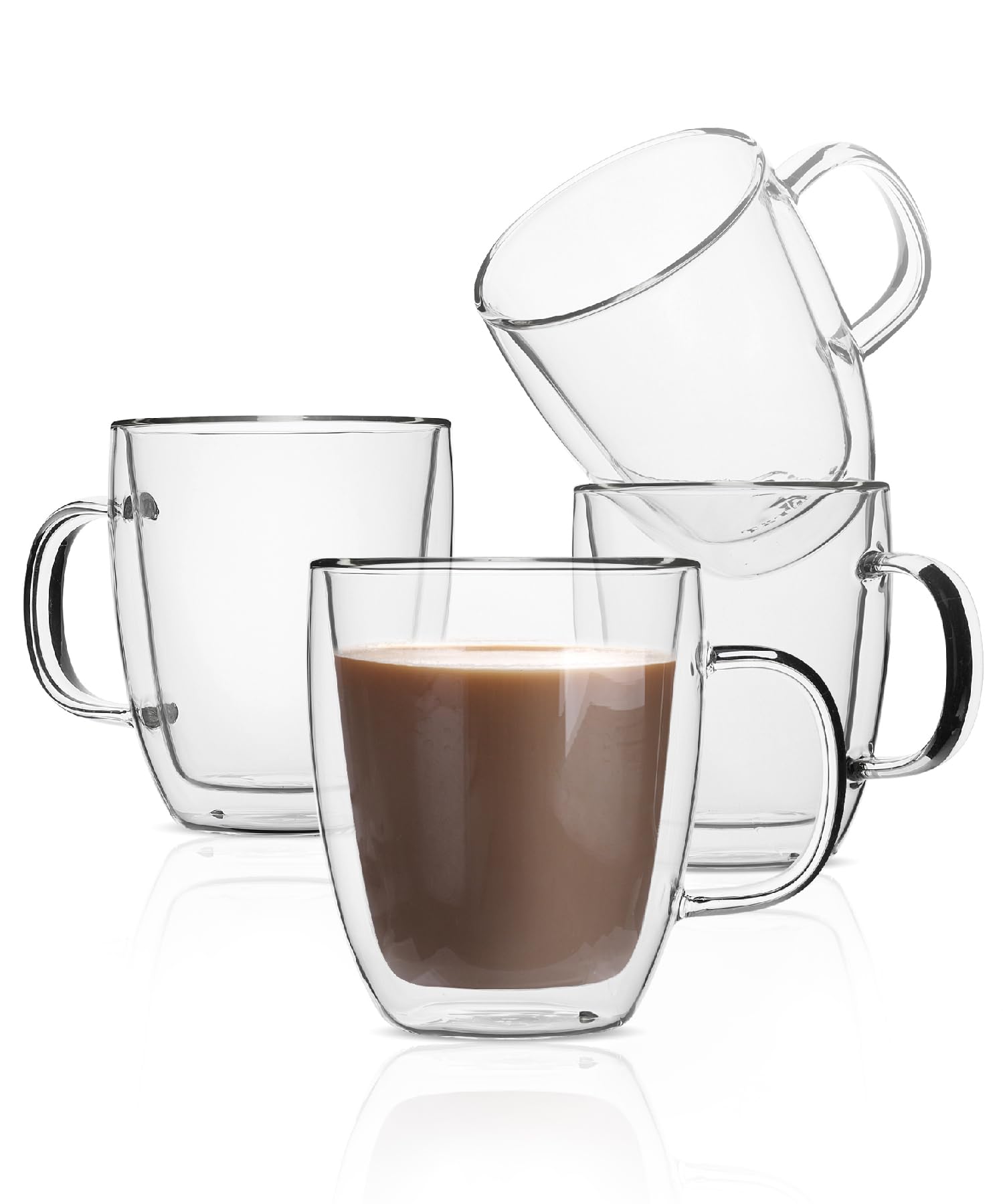 BTaT Double Wall Glass Coffee Mugs - 16 oz Insulated Clear Latte Cups (Set of 4) - Perfect for Hot & Cold Beverages, Home, Office, and Cafe Use