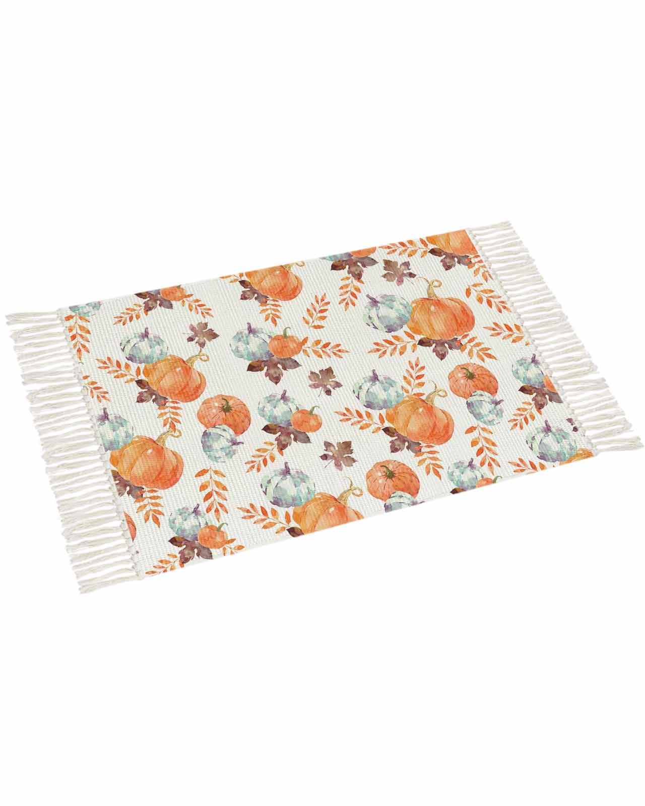 3x5ft Fall Orange Pumpkin Maple Leaf Harvest Runner Rug - Washable Woven Hallway Carpet with Tassels for Entryway, Kitchen & Laundry | Perfect for Autumn Decor, Farmhouse Style & Seasonal Home Accents