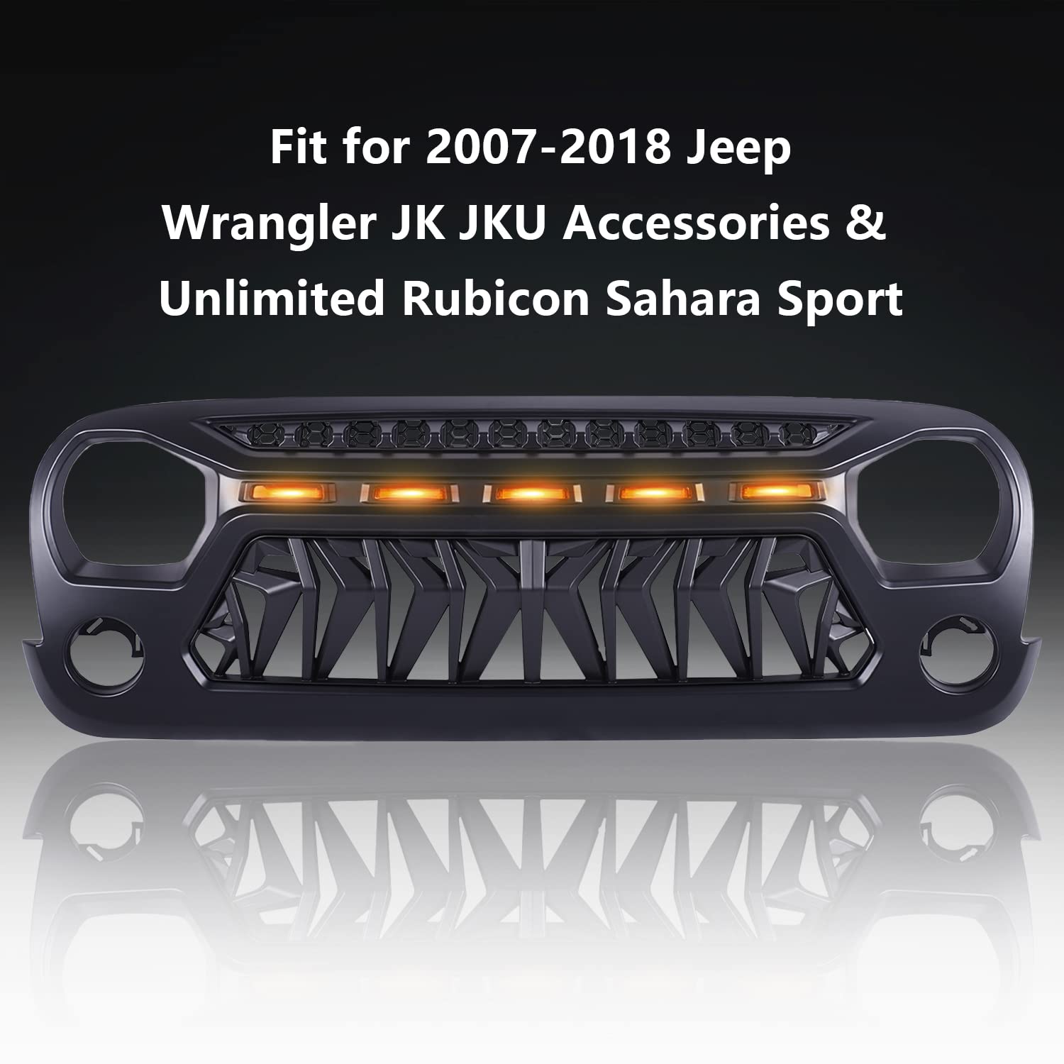 2007-2018 Jeep Wrangler JK JKU Front Grill Mesh Grille Cover - Matte Black with Amber LED Running Lights | Compatible with Unlimited, Rubicon, Sahara & Sport Models | Off-Road Protection & Stylish Upgrade
