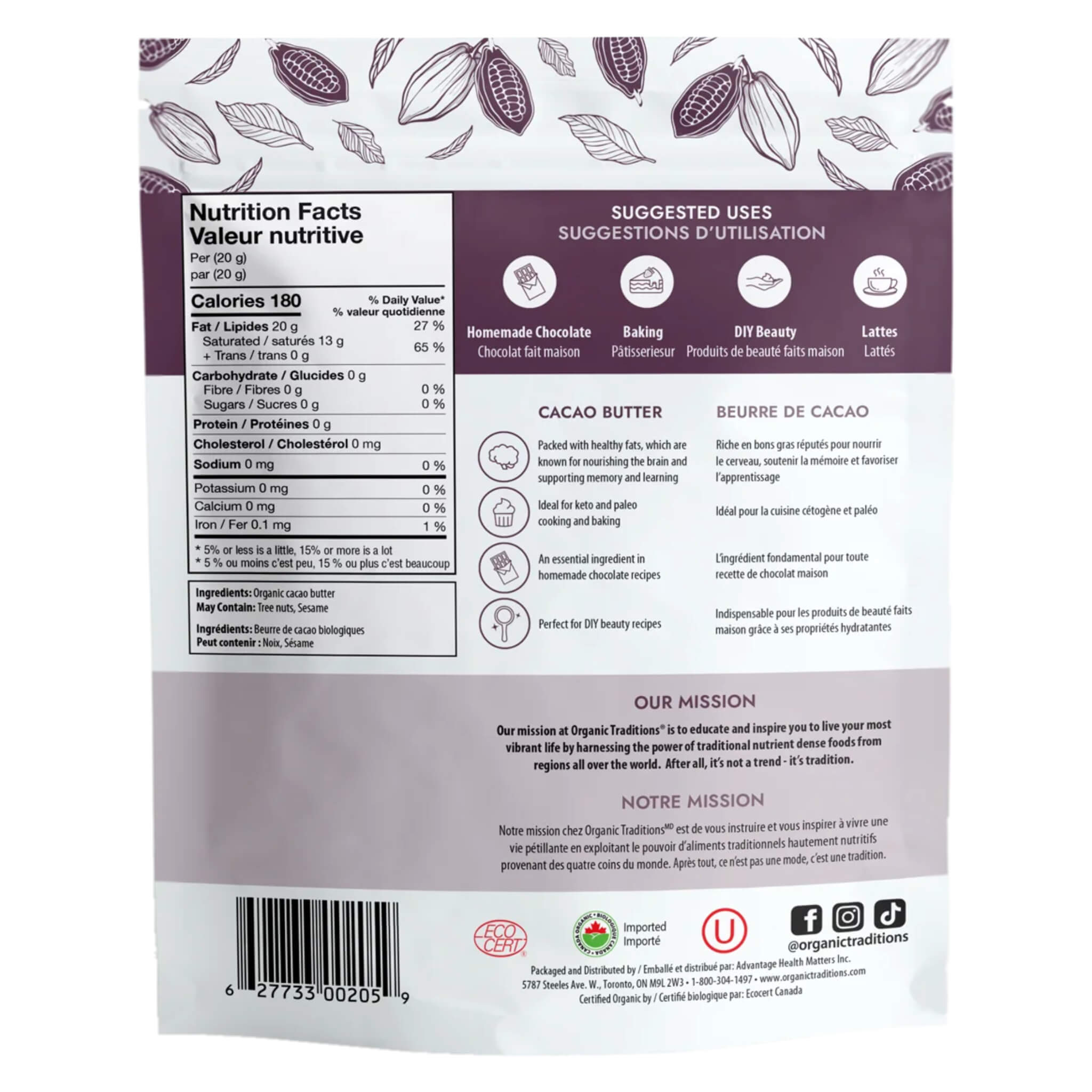 Organic Raw Cacao Butter 8oz (227g) - Premium Grade for Baking, Chocolate Making & Skincare - Vegan, Gluten-Free, Non-GMO