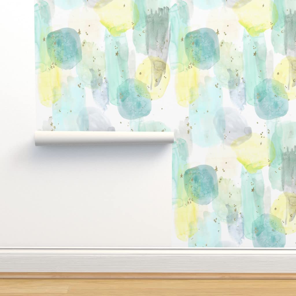 Peel & Stick Removable Wallpaper 9ft x 2ft - Watercolor Star Abstract Sky Design, Gender Neutral Nursery Decor in Teal, Mint & Yellow | Boho Chic, Baby Room, Boys Blue | Perfect for Nursery, Bedroom, Dorm & Home Office Decoration
