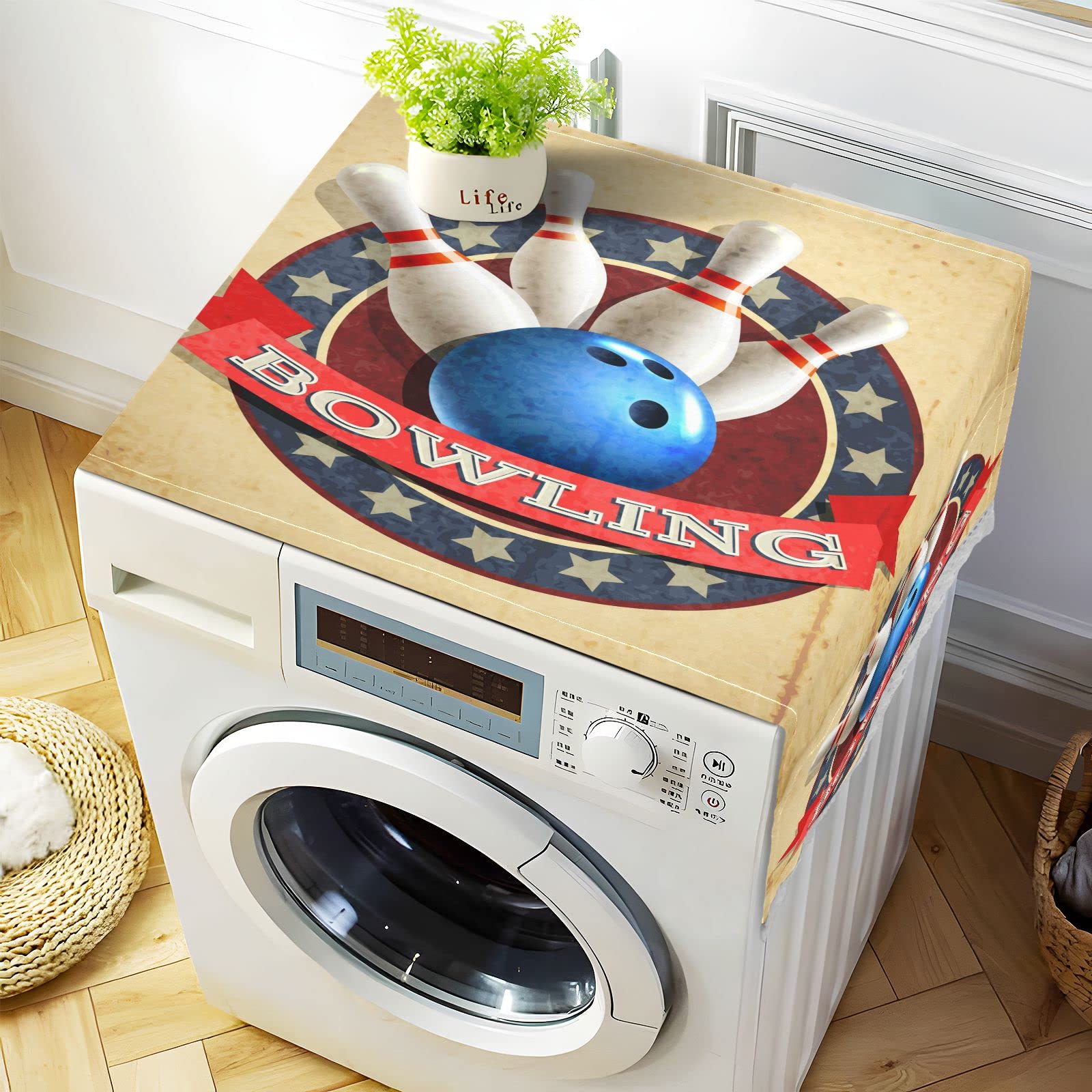 51''x22'' Non-Slip Bowling Pattern Washer Dryer Cover - Waterproof Front Load Washing Machine Top Mat, Dust-Proof Refrigerator Cover with 4 Storage Bags - Perfect for Laundry Room, Basement & Home Decor