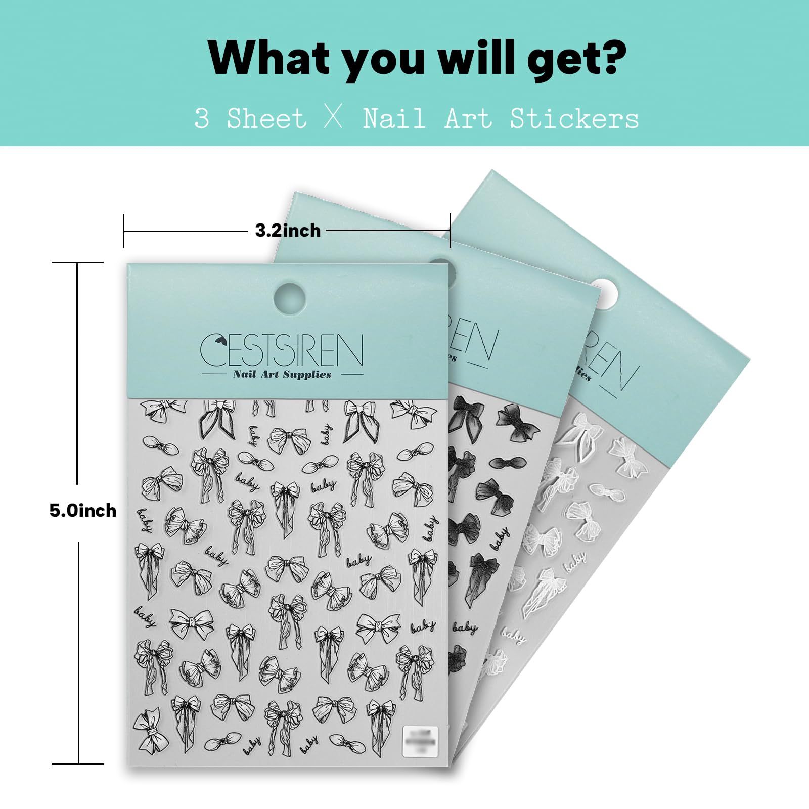 Elegant White & Black Bow Nail Art Stickers - Embossed Self-Adhesive Nail Decals for Women, 3 Sheets | Perfect for DIY Nail Designs, Salon Manicures & Special Occasions