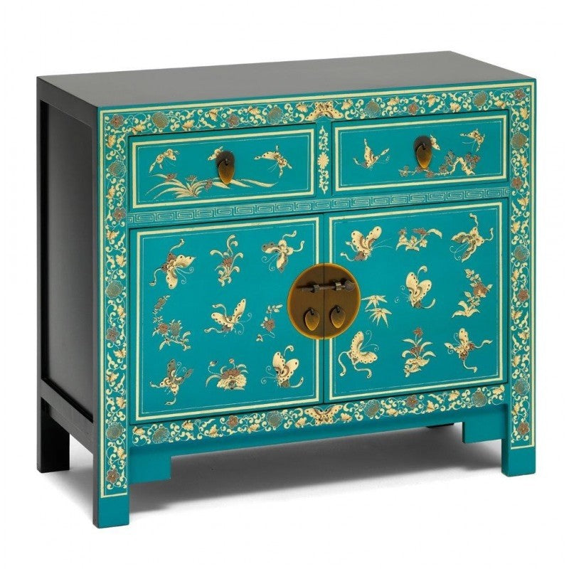 Golden Dragon Oriental Painted Solid Wood Blue and Gold Sideboard Buffet Cabinet - 90x40x80cm - Traditional Chinese Style Storage for Dining Room, Living Room & Entryway