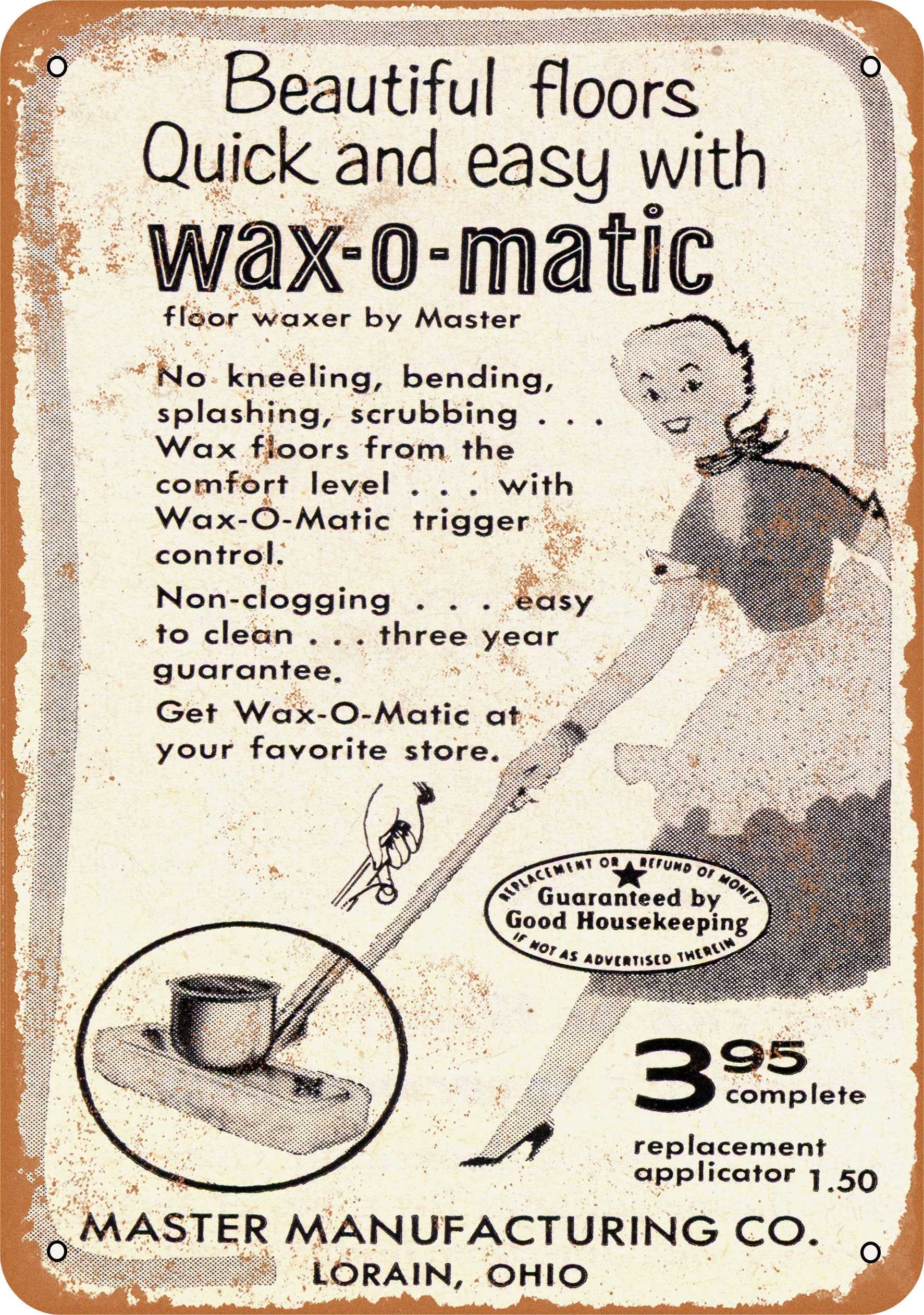 10 x 14 Inch Vintage 1955 Wax-O-Matic Mop Metal Sign - Retro Kitchen Decor, Man Cave Wall Art, Diner Style Collectible for Home & Bar