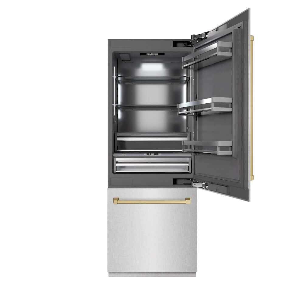 ZLINE Autograph Edition 30-Inch Built-In Bottom Freezer Refrigerator - 16.1 cu.ft Capacity with Water Dispenser & Ice Maker - Satin Stainless Steel Exterior, Graphite Gray Interior & Champagne Bronze Accents (GRBIVZ SN 30 CB) - Perfect for Modern Kitchens & Open-Concept Homes