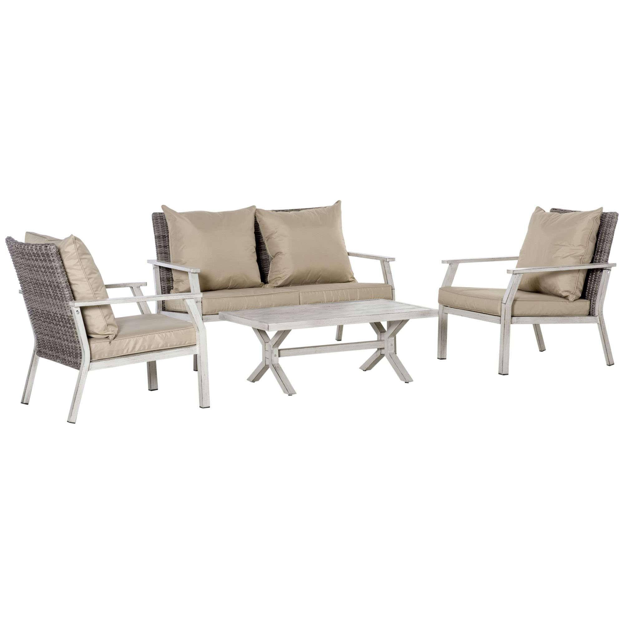 Outsunny 4-Piece Patio Furniture Set with Cushions - Outdoor Wicker Conversation Sofa Set with Aluminum Frame for Backyard, Poolside, Garden - Beige - Perfect for Relaxing, Entertaining, and Outdoor Gatherings