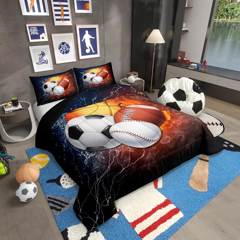 **Erosebridal Twin Comforter Set for Boys - Baseball, Basketball, Soccer & Football Themed Bedding for Teens - Includes 1 Pillow Sham - Soft & Comfortable Sports Room Decor - Perfect for Kids' Bedrooms, Dorm Rooms & Game Rooms**