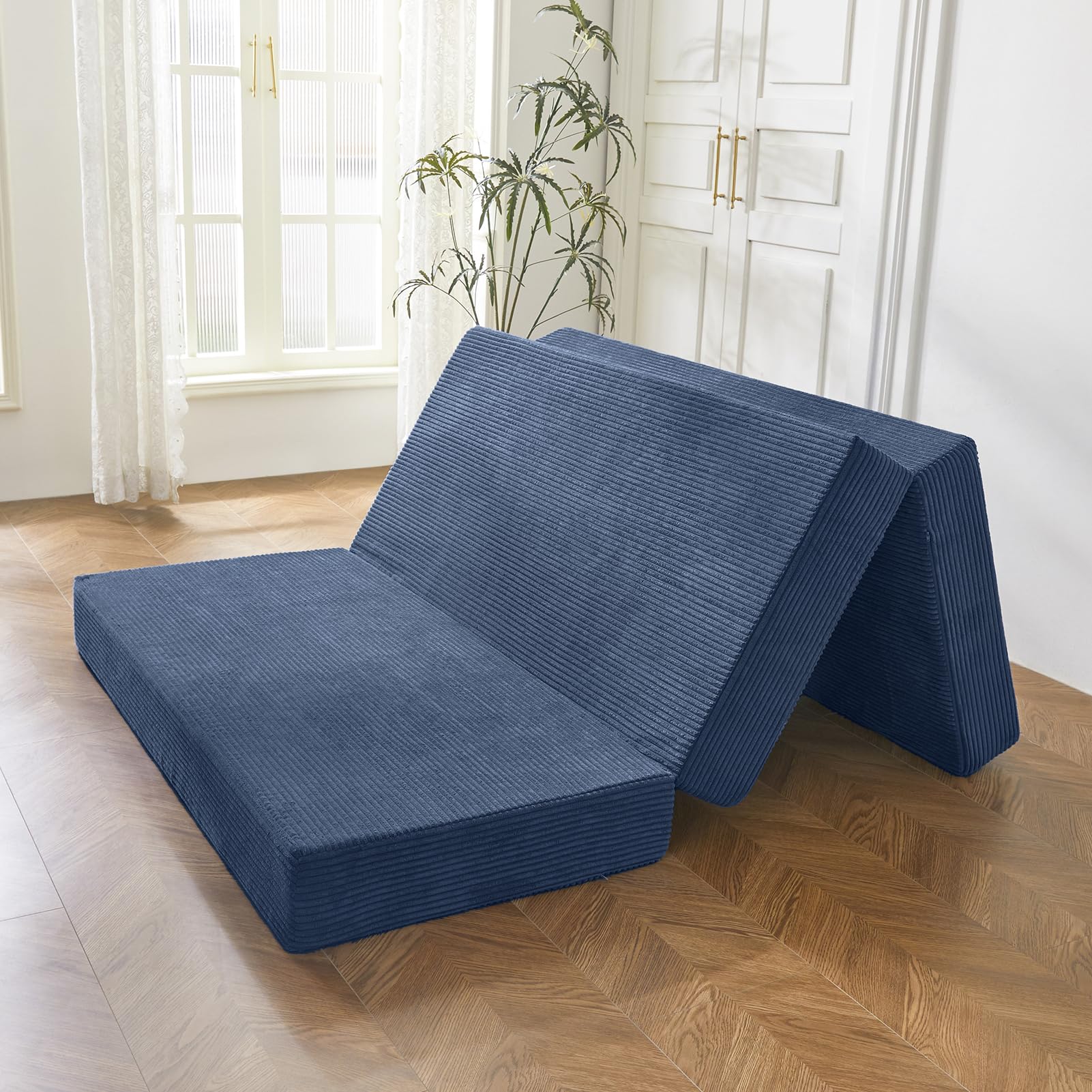 MAXYOYO 6 Inch Corduroy Tri-Folding Gel Memory Foam Mattress Topper - Foldable Guest Bed & Camping Pad in Blue | Perfect for Spare Rooms, Sleepovers & Outdoor Adventures