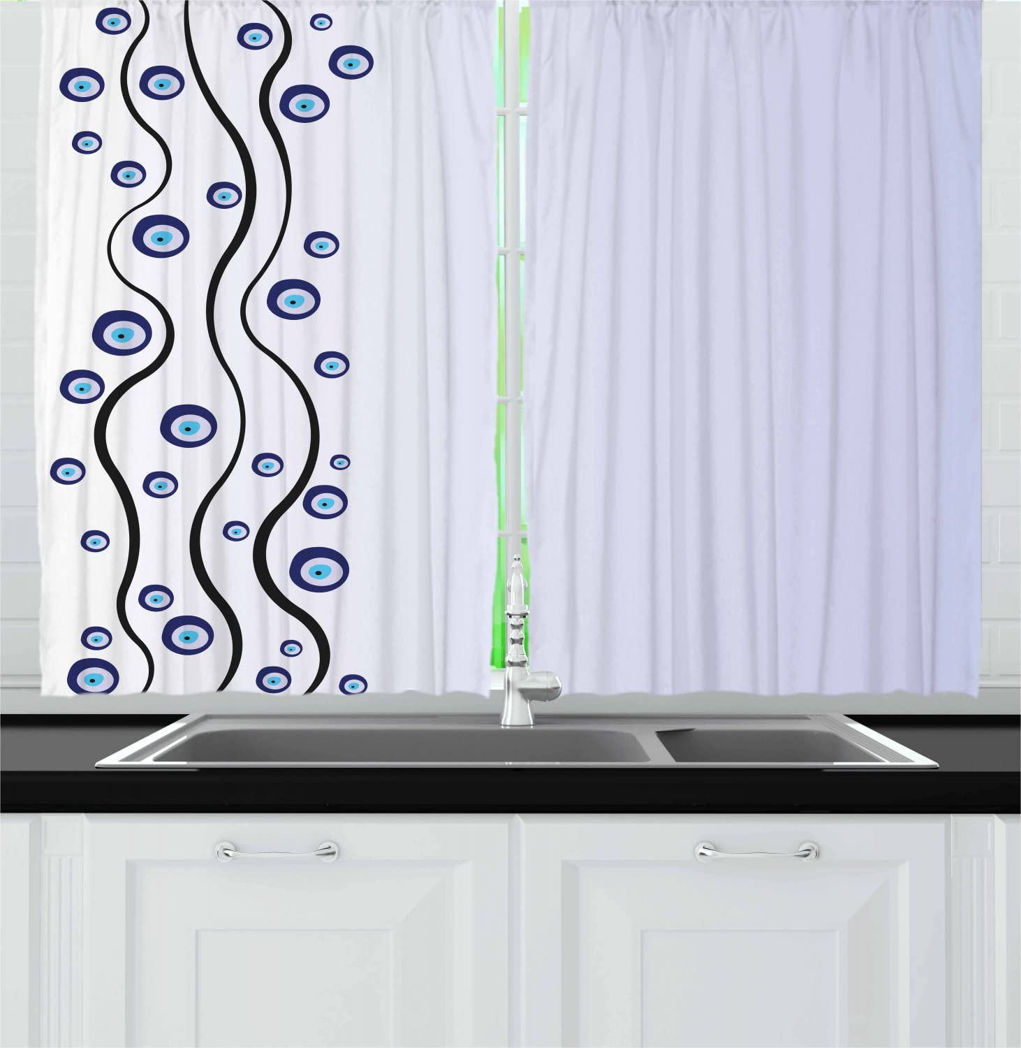 Ambesonne Evil Eye Kitchen Curtains Set of 2 - 55 x 45 Inch Black Lilac Blue Ethnic Print Window Drapes with Rod Pocket, Wavy Lines & Happiness Symbol for Home Decor | Perfect for Boho, Mediterranean & Spiritual Themed Kitchens