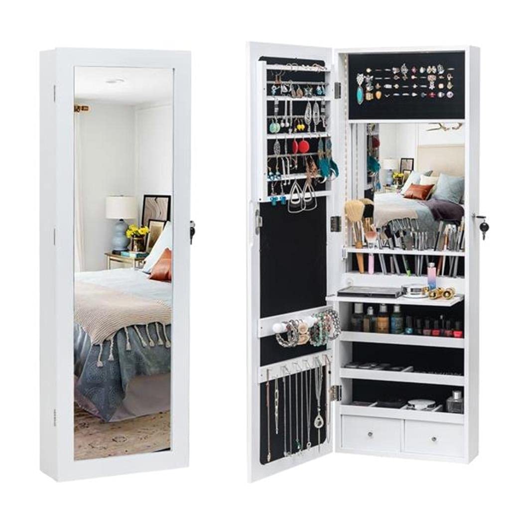 White LED Lighted Wooden Wall-Mounted 3-Tier Makeup Vanity Mirror Cabinet with 2 Drawers, 17 Brush Holders & Jewelry Storage - Perfect for Bedroom, Bathroom & Dressing Room Organization