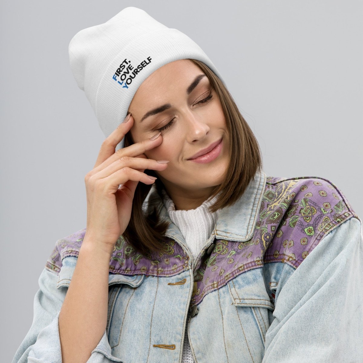 First, Love Yourself Embroidered Beanie Hat - Cute Winter Knit Cap with Inspirational Embroidery - Perfect for Cold Weather, Outdoor Activities & Casual Streetwear Fashion