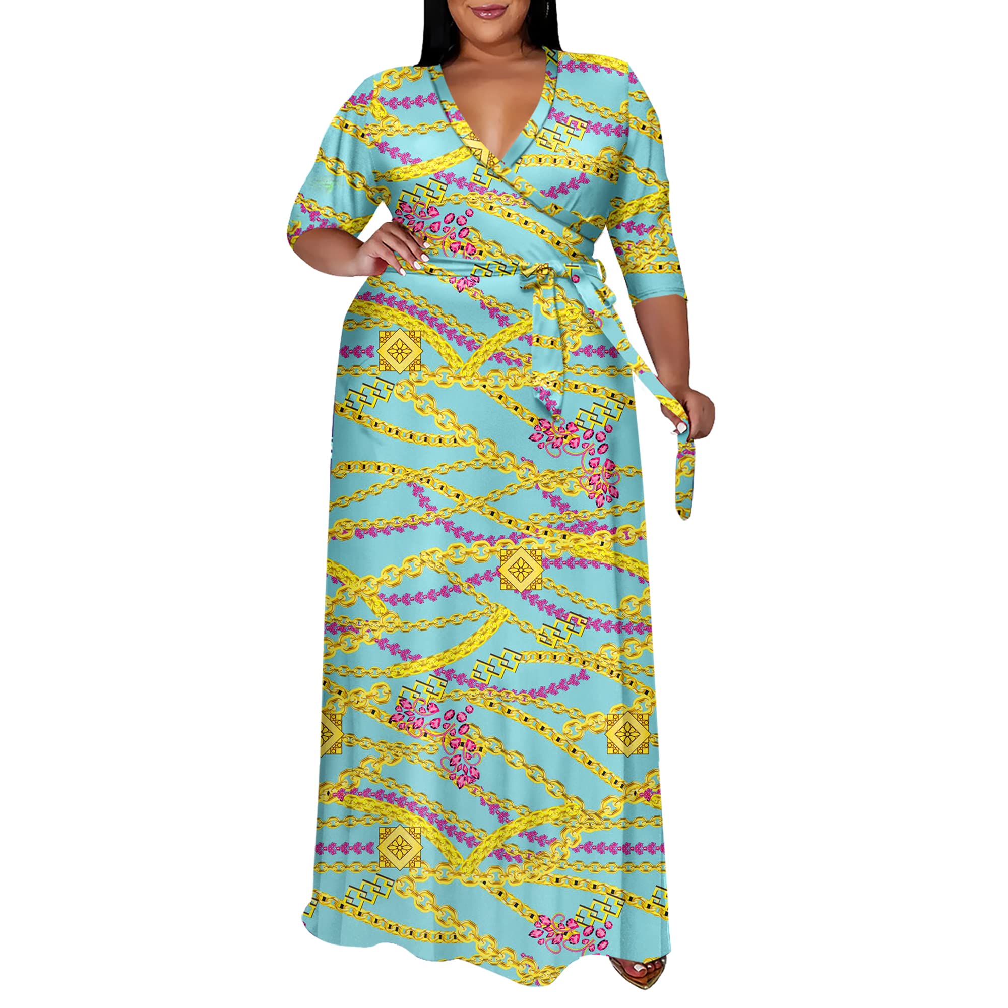 **Runwind Plus Size Floral Maxi Dress for Women - Flowy 3/4 Sleeve with Belt - Elegant Summer & Wedding Guest Outfit**