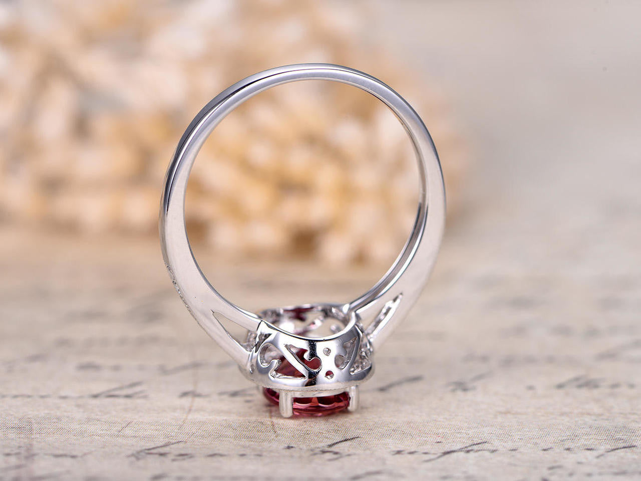 6x8mm Oval Pink Tourmaline Engagement Ring 14K White Gold - 1.35ct Tourmaline & Diamond Halo Ring with Half Eternity Band | Perfect for Proposals, Anniversaries & Special Occasions