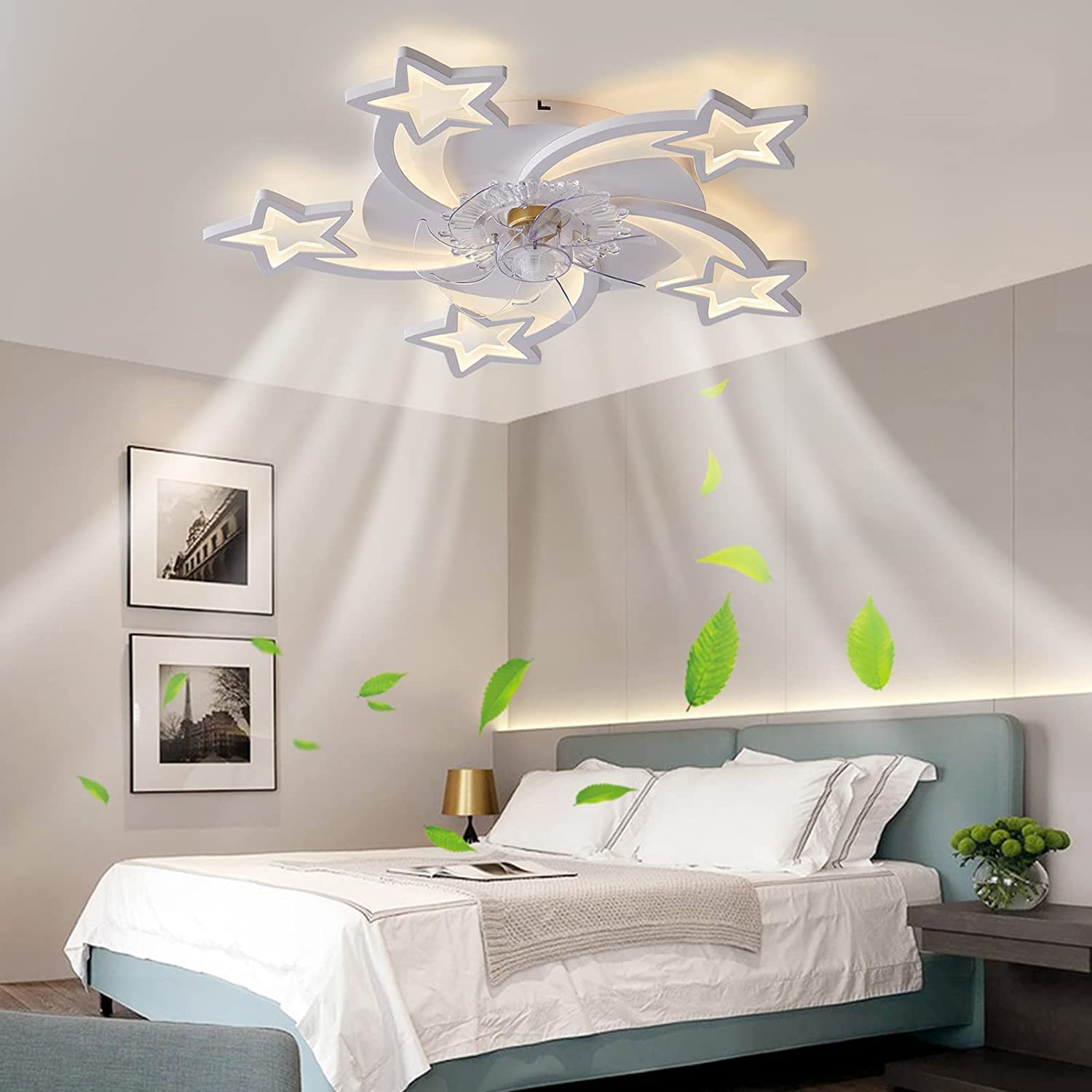 Becailyer 29-inch White LED Ceiling Fan with Lights - Modern Remote Control, 6-Speed Quiet Motor, Dimmable Star Shape Flush Mount for Living Room & Bedroom - Perfect for Home Cooling and Ambient Lighting (60W)
