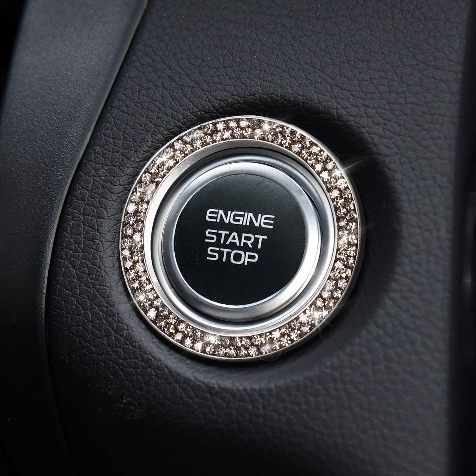Sparkling Car Crystal Rhinestone Ring Emblem Sticker - Premium Car Interior Decoration Accessories for Women - Push Start Button Cover & Key Ignition Knob Ring (Gray) - Perfect for Luxury Car Customization & Stylish Dashboard Upgrade