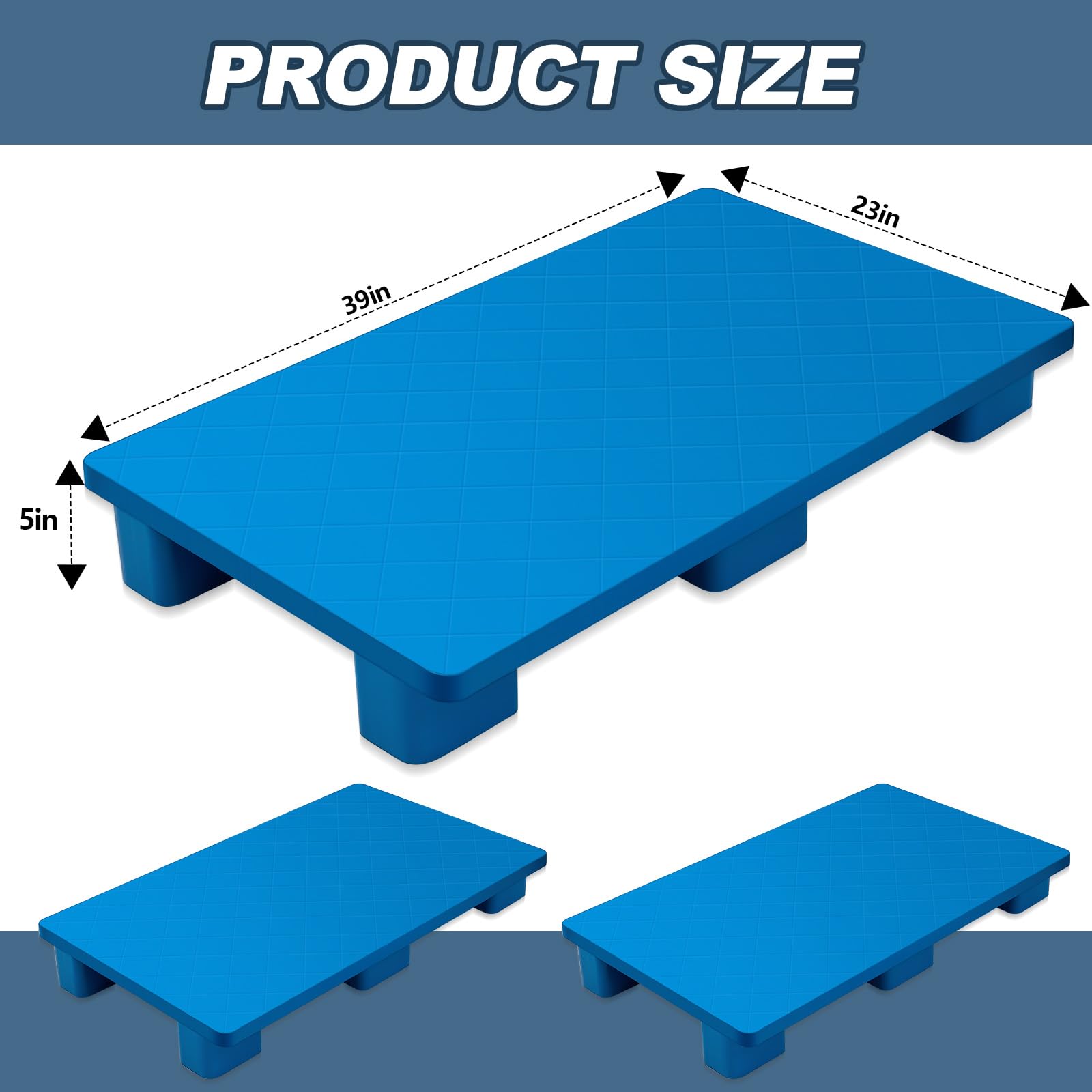 Soaoo 39 x 23 x 5 Inch Blue Plastic Pallets - Lightweight Stackable Storage Pallets for Warehouse, Basement, Supermarket & Garden - Indoor Floor Protection & Organization (2 Pack) - Perfect for Shelving, Moving Boxes & Bulk Item Storage
