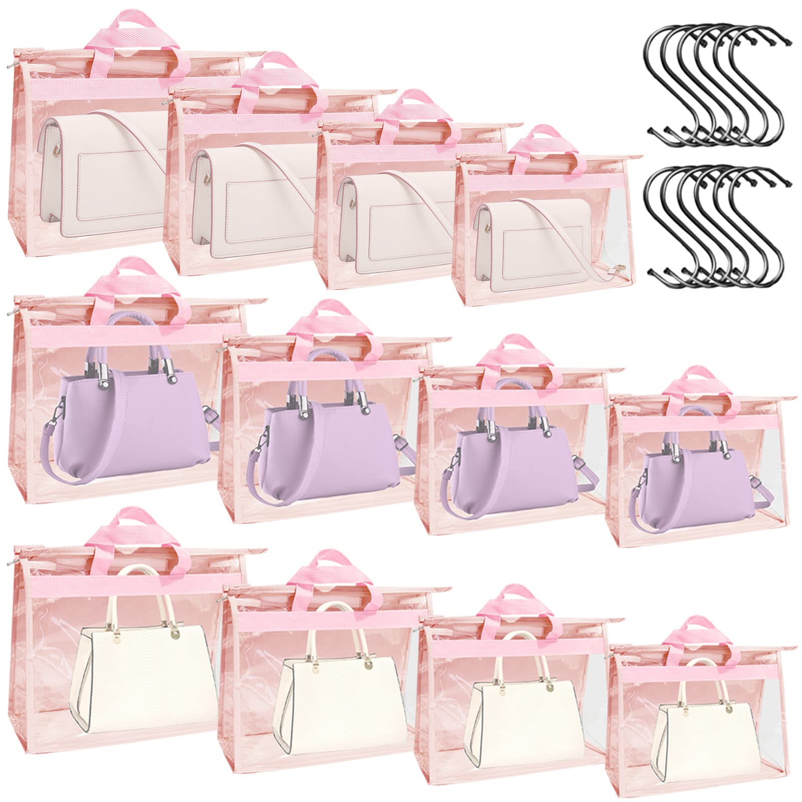 12 Pack Clear Dust Bags for Handbags - Waterproof Purse Storage Organizer with 12 Hooks, 4 Sizes Dust Cover Protector for Closet Organization (Pink) | Perfect for Travel, Home Storage & Luxury Bag Protection
