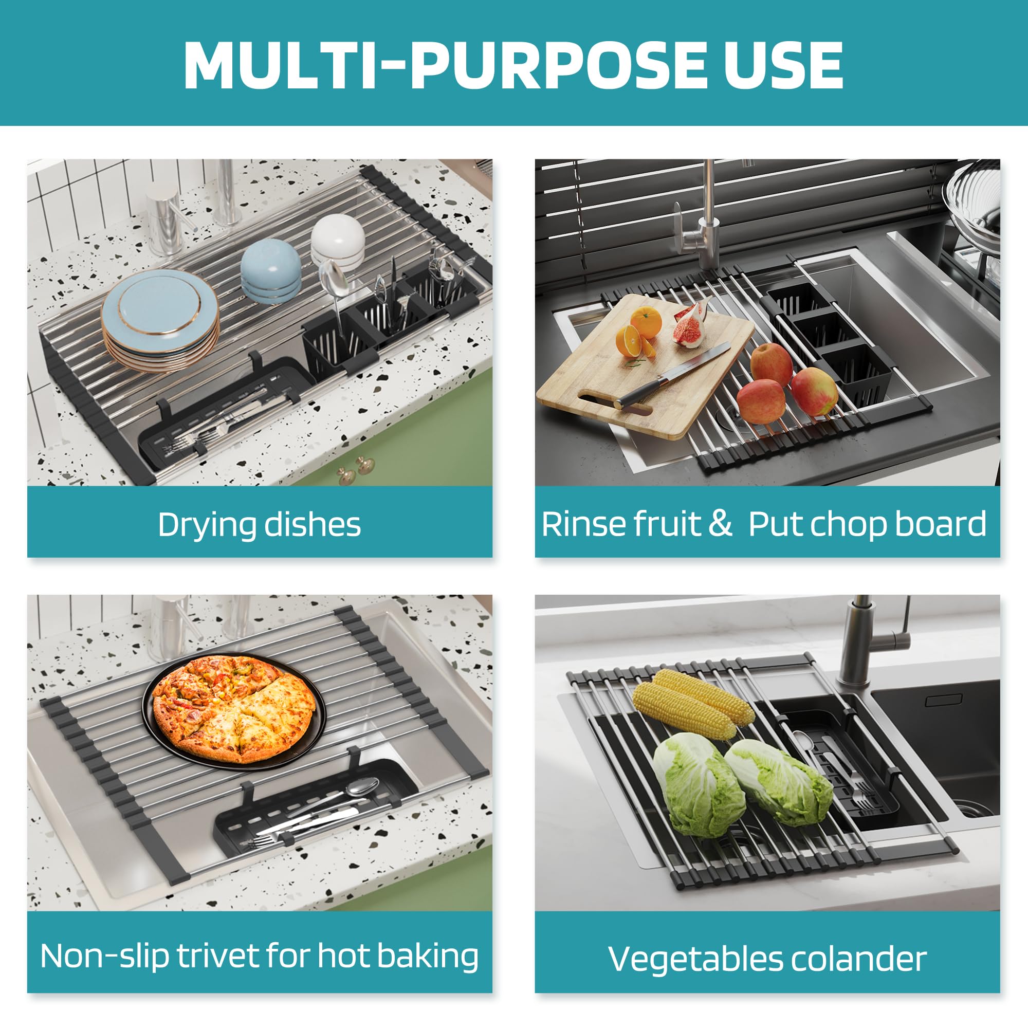 BBXTYLY Expandable Roll Up Dish Drying Rack - 22.8 Inch Over The Sink Kitchen Drainer with 2 Storage Baskets | Foldable & Rollable Design for Dishes, Cups, Utensils | Perfect for Small Kitchens, Apartments & RV Use
