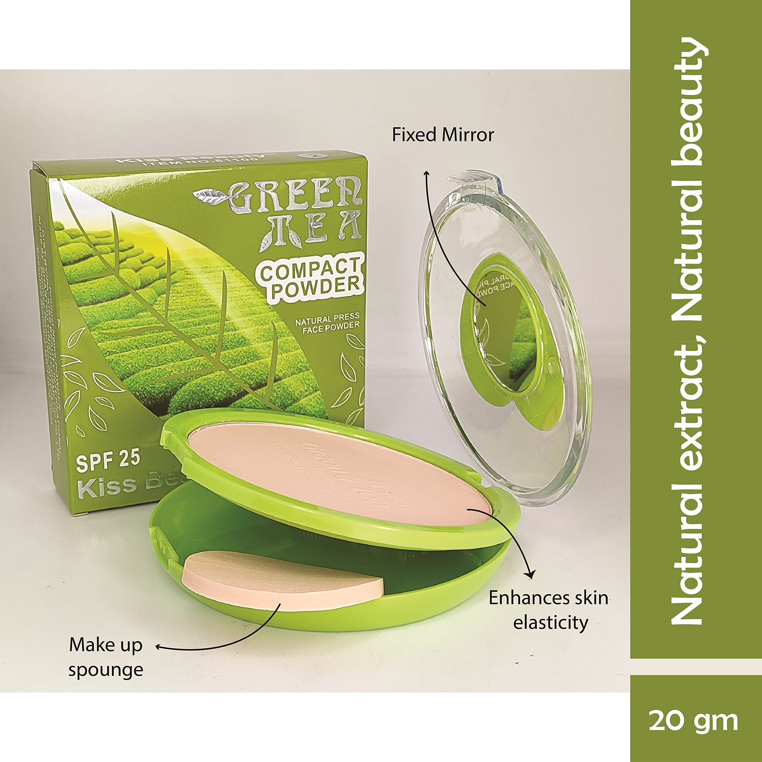 Kiss Beauty Green Tea Matte Compact Powder 2-in-1 - Beige Shade for Dry & Oily Skin, Fair Complexion | Oil Control & Natural Finish for Daily Makeup & Touch-Ups
