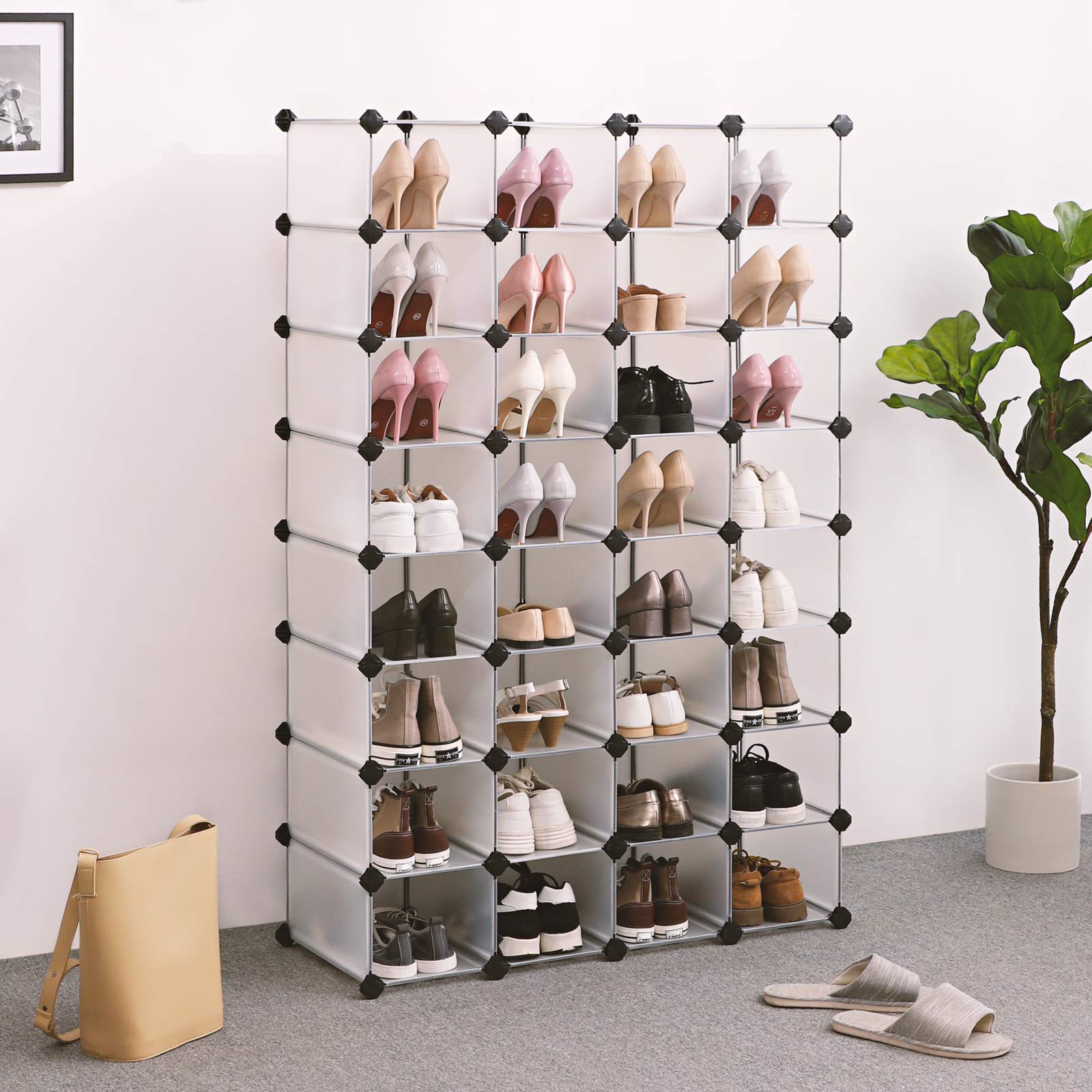 SONGMICS 32-Cube Shoe Rack Organizer, Interlocking Plastic Shoe Storage Cabinet for Closet Entryway Bedroom Garage - Space Saving Design, 13.9