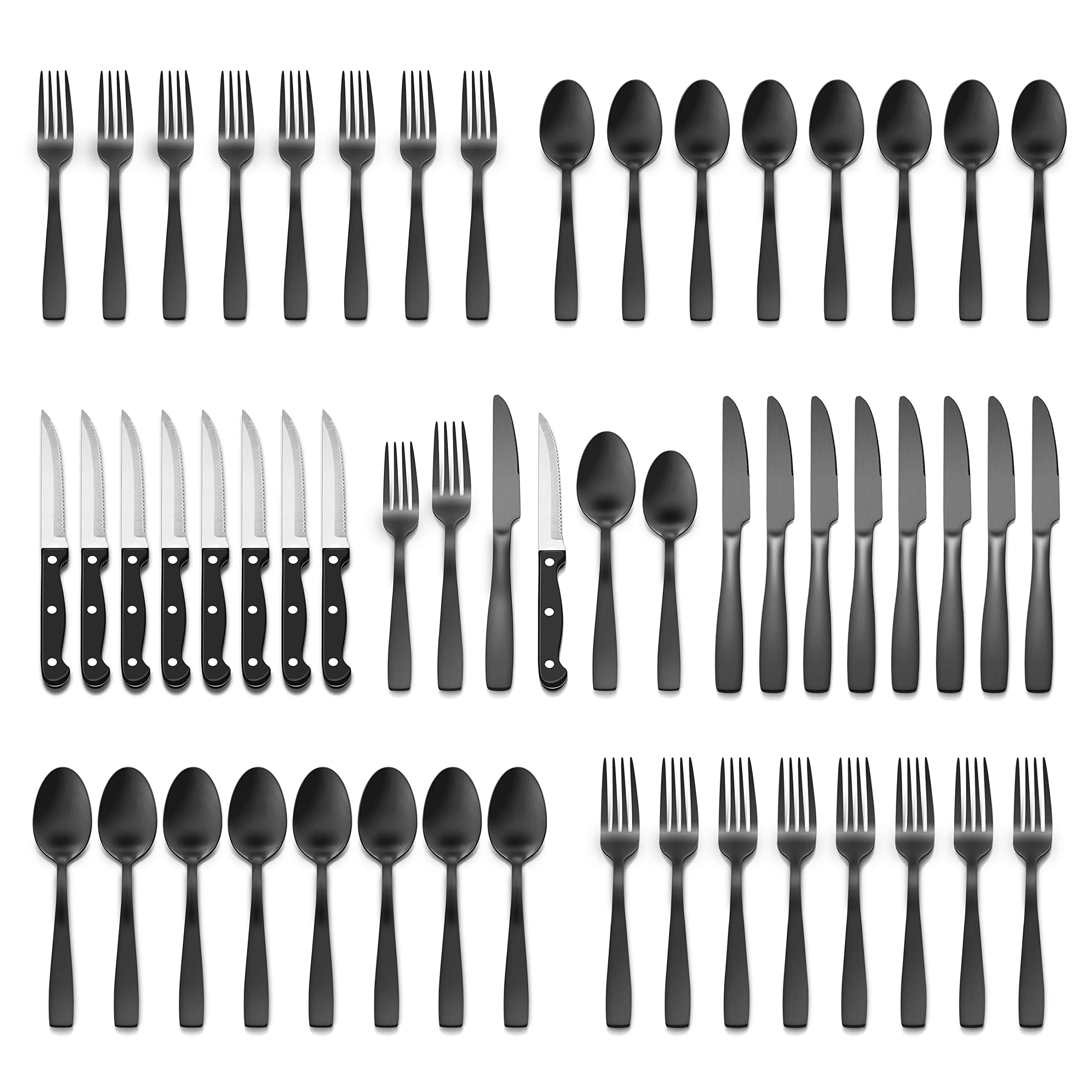 Premium 48-Piece Matte Black Flatware Set with Steak Knives - Stainless Steel Square Cutlery Set for 8 People - Modern Satin Finish Dishwasher Safe Silverware - Perfect for Dinner Parties, Restaurants & Upscale Dining