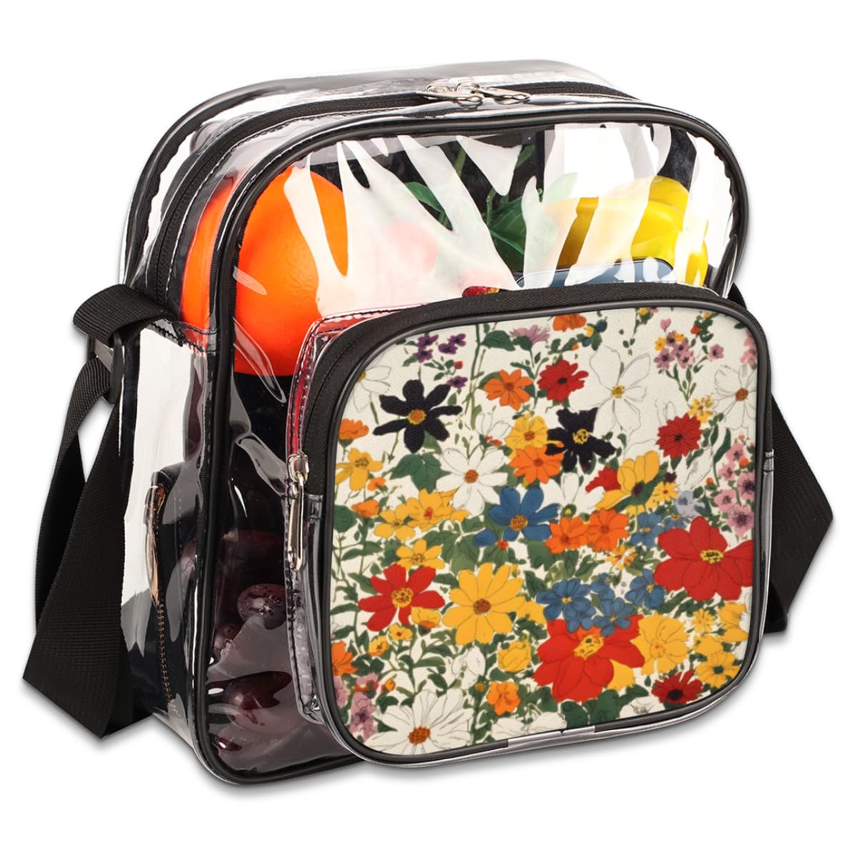 Mularoka Stunning Flower Clear Crossbody Purse Bag for Women & Men - Aesthetic Floral Transparent Shoulder Bag, Stadium Approved Clear Purse for Concerts, Festivals, Sports Events & Travel - Fashionable & Functional Accessory for Everyday Use